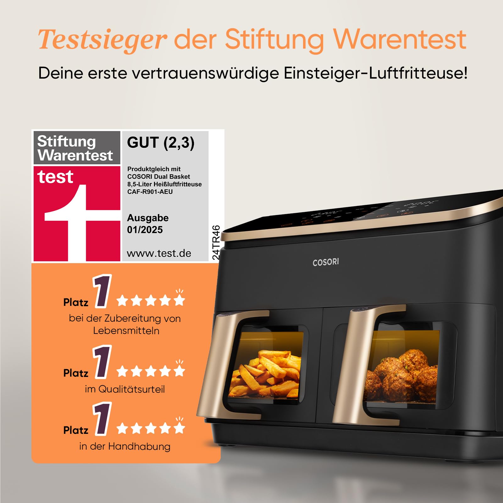 Cosori Heißluftfritteuse 8,5L 2 Kammern mit Sichtfenster NTC-Tech Gold R903