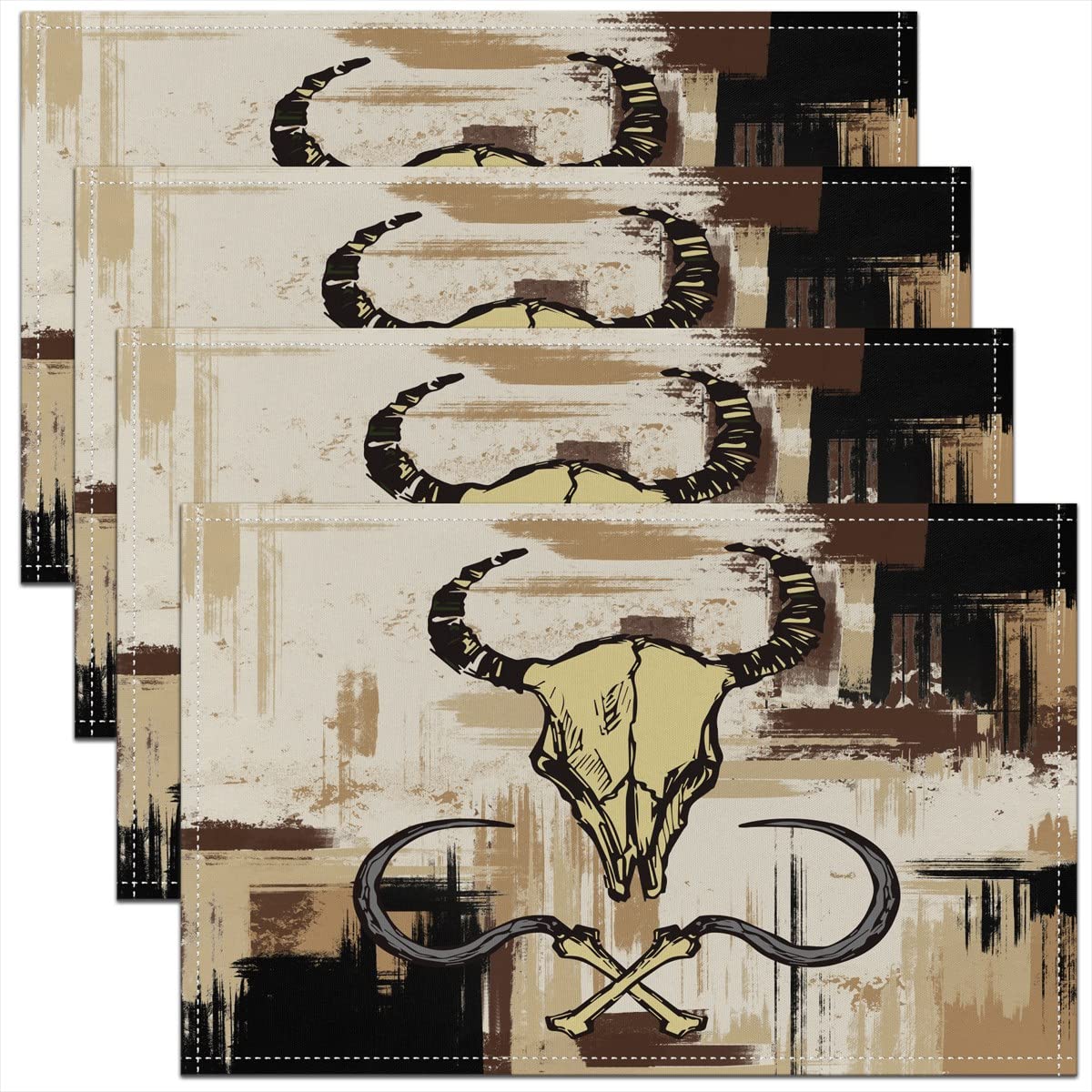 Abstract Placemats Set of 4, Exotic Tribal Cow Skull Pattern Placemats for Dining Table, Retro Western Brown Washable Fabric Table Mats Placemat 45x30cm