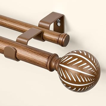 KAMANINA Wood Double Curtain Rods for Windows 66 to 120 Inches Heavy Duty