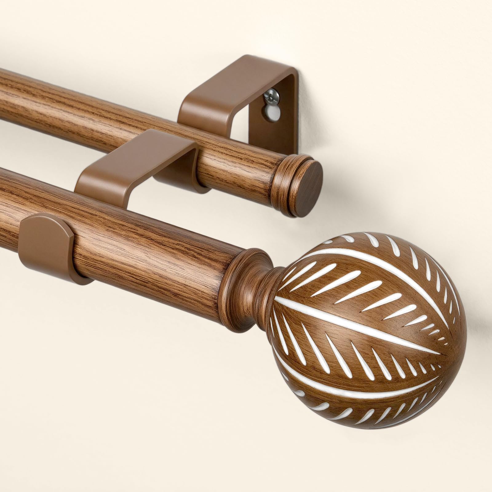 KAMANINA Tringle à rideaux double en bois de 2,5 cm pour fenêtres de 167,6 à 304,8 cm (1,5 à 3 m) – Tringles à rideaux décoratives très résistantes avec embouts à motif de feuilles – Grain de bois