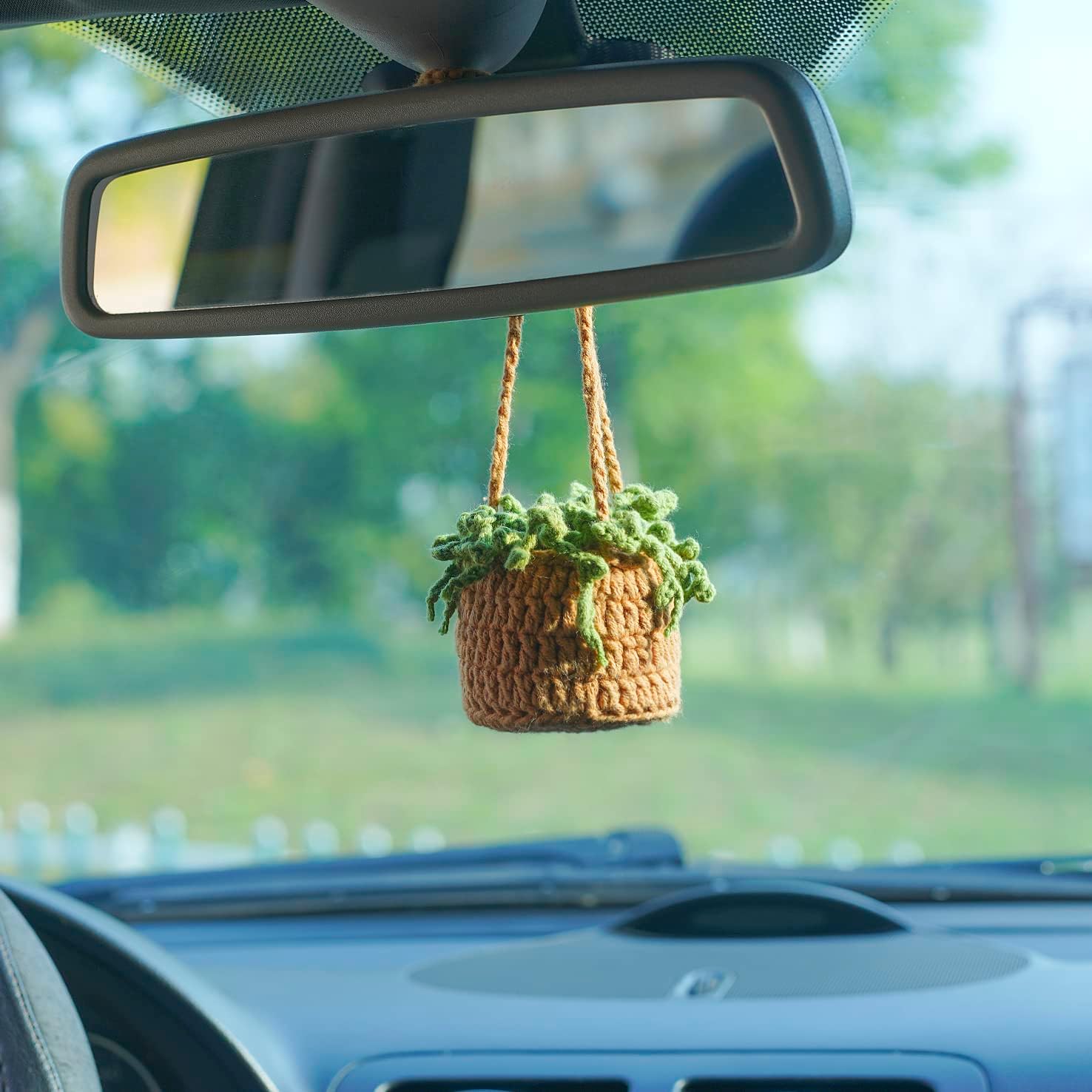 Diklife Car Mirror Hanging Accessories Cute Potted Plants Crochet Decor, Handmade