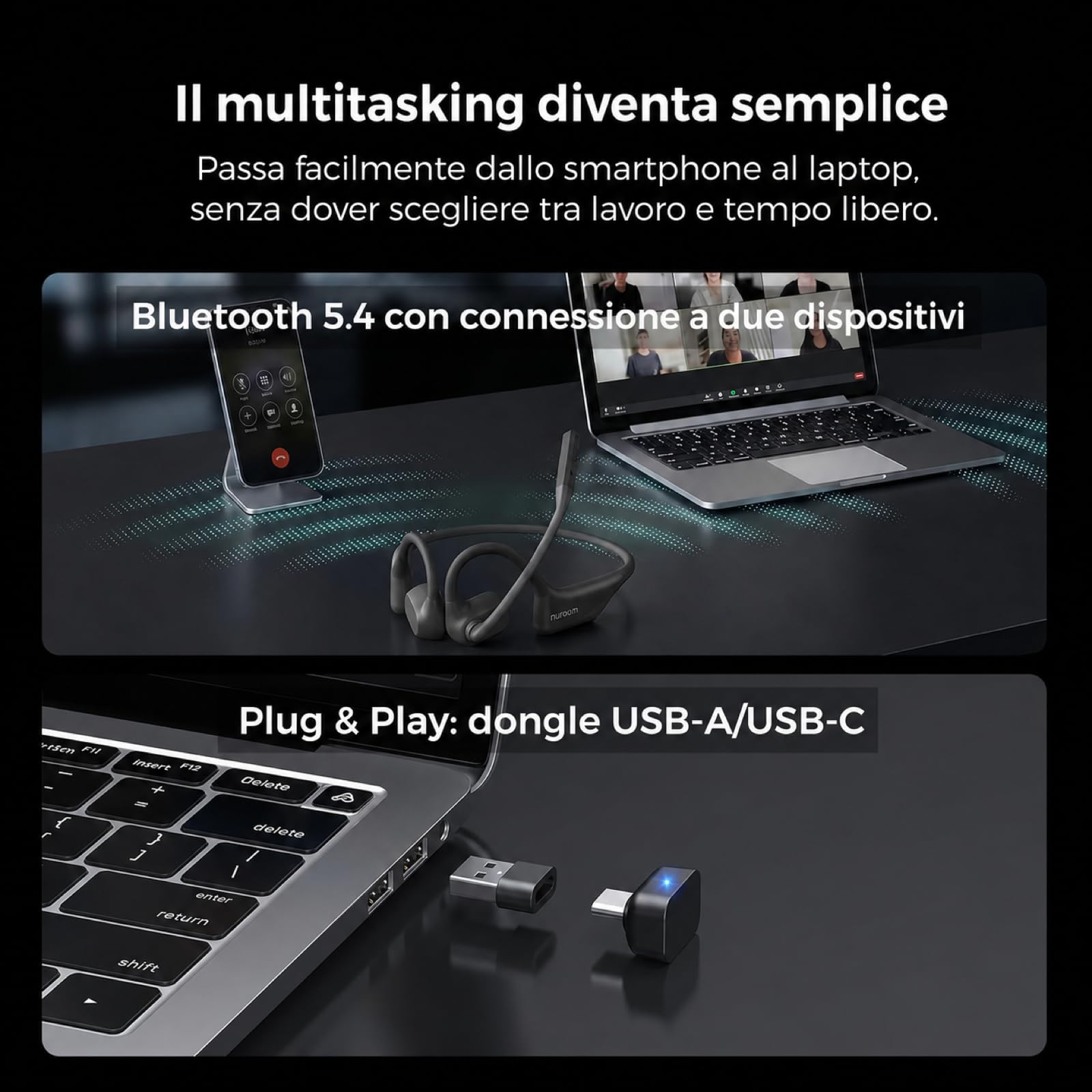 Nuroum OpenEar Pro 2 Cuffie Bluetooth 5.4 con Microfono, Cancellazione del Rumore ENC/Funzione Silenziosa/Connessione Multipoint/15 Ore Durata, Cuffie Wireless per Ufficio/Casa/Chiamate/Guidare, Nero