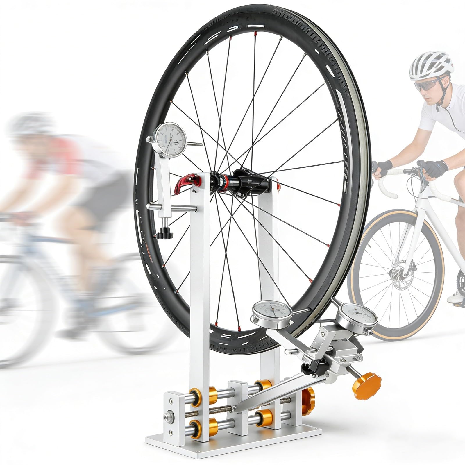 Soporte de rueda para mantenimiento de bicicletas, con soporte de rodamiento y llave de radios, desajustes ajustables para bujes de 55-200 mm, ajuste de llantas