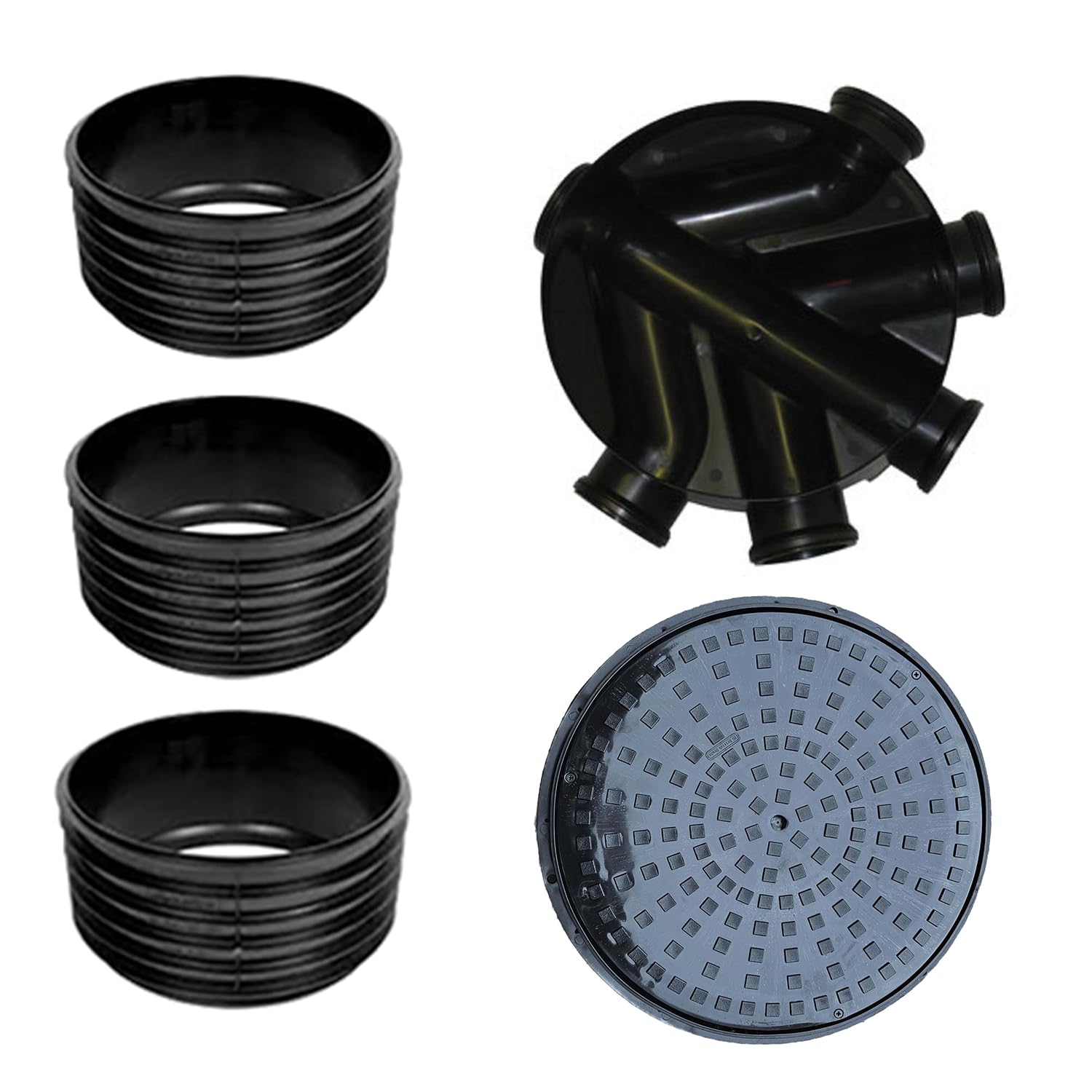450mm Manhole Inspection Chamber Manhole - Underground Drainage Manhole Set Base, 3 Riser, Round Cover & Frame Without Frame