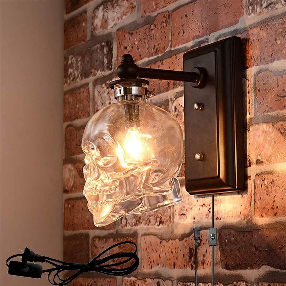 VOMI Retro Wandlampe mit Schalter, E14 Fassung Totenkopf Wandleuchte Halloween Schädel Lampe Indirekte Wandbeleuchtung Innen mit Eu Stecker Kabel, Schwarz, 2 Stück