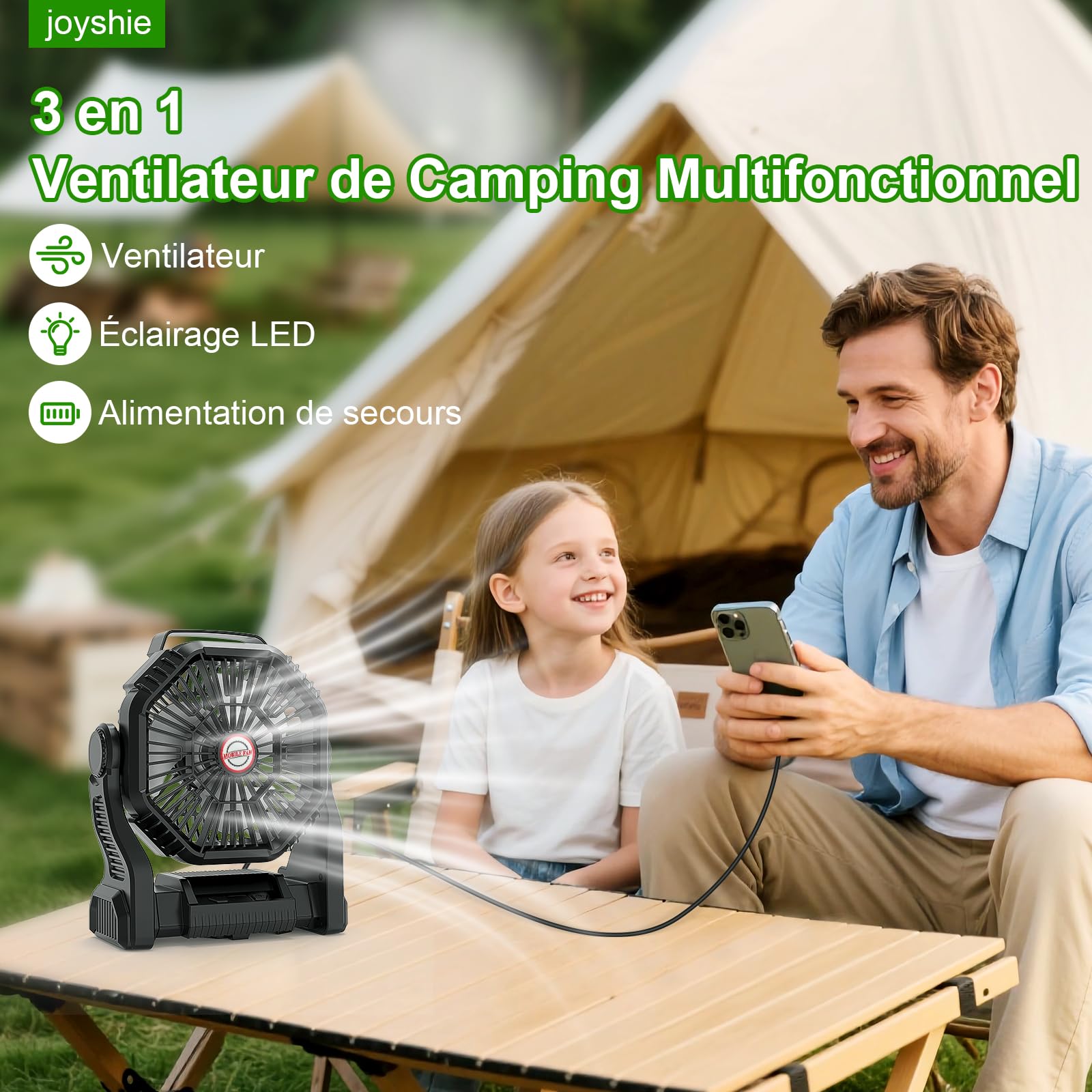 Ventilateur de Camping, Ventilateur Portable Rechargeable 10000mAh 4 Vitesses, Ventilateur USB Silencieux avec Lumière LED, pour Maison Camping