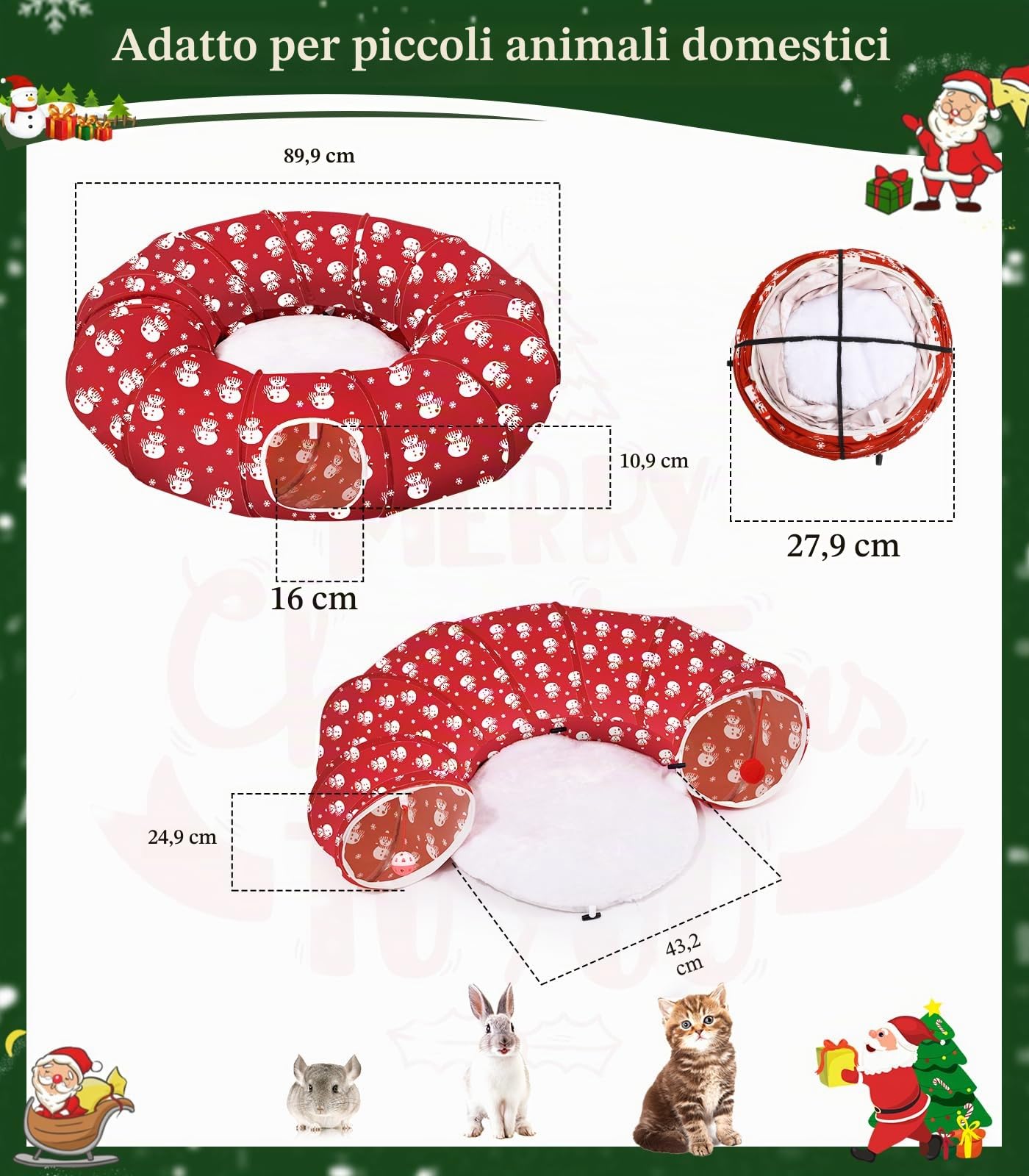 Pawaboo Letto a Tunnel per Gatti Sotto l'Albero di Natale, 35,4" Tunnel Giocattolo per Gatti a Cerchio con Palla, Tunnel Decorativo Natalizio Pieghevole a Tubo per Gattini (Pupazzo di Neve Rosso)