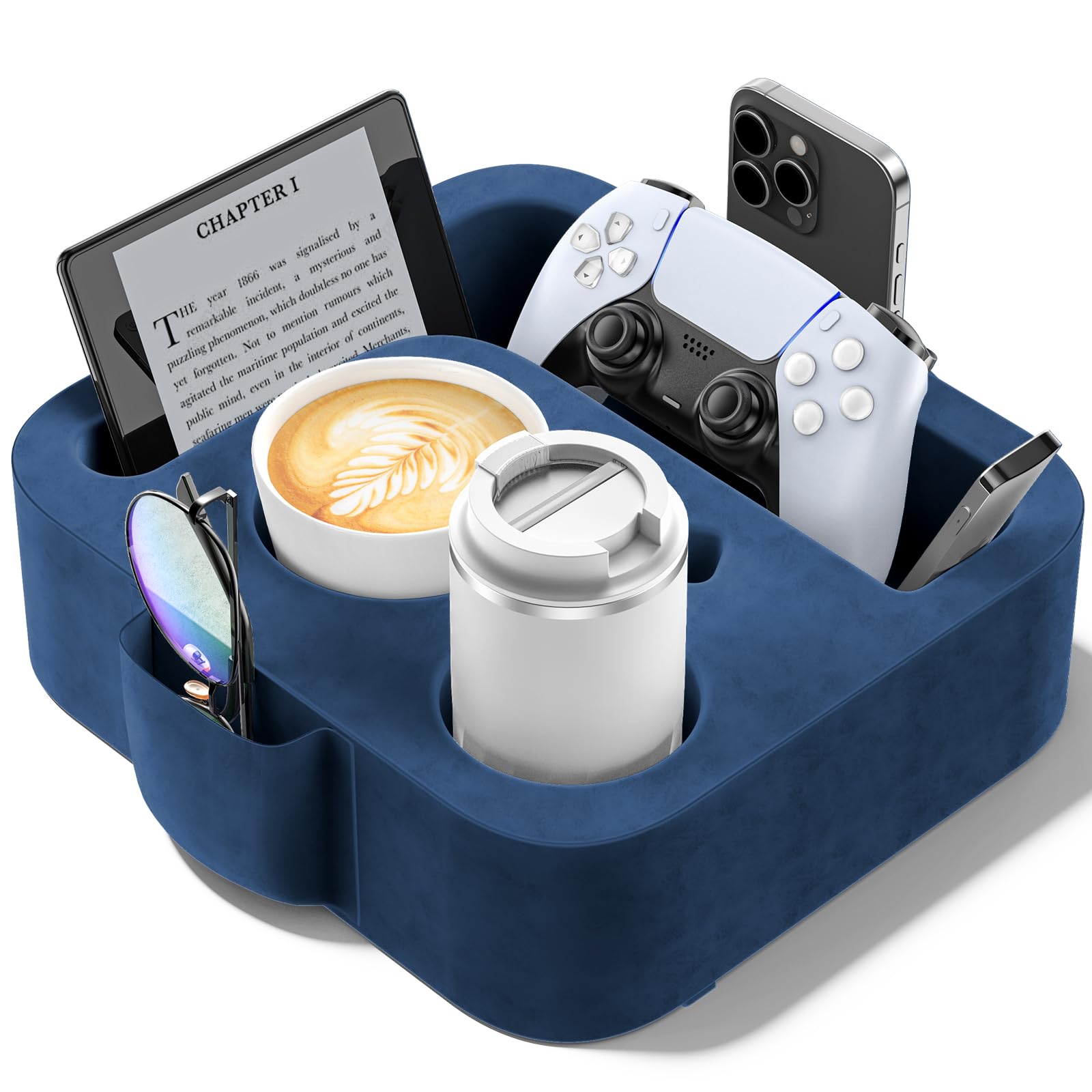 Couch Cup Holder Pillow with L-Shaped Tablet Slot, Sofa Cup Holder Tray for iPad, Kindle, Switch, Phone & Drink Holder, Non-Slip Couch Organiser for Sofa, Bed, Desk, Blue