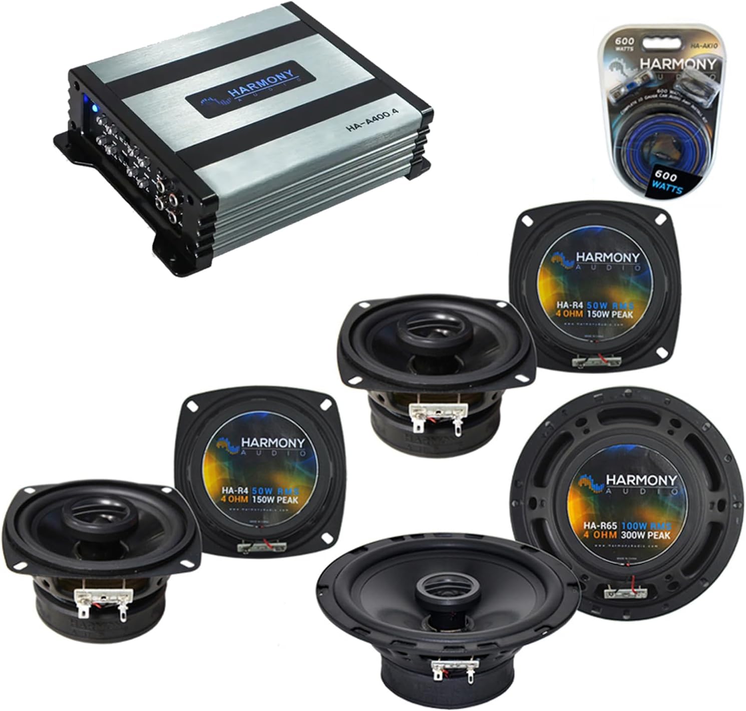 Harmony Audio HA-R65 Compatible with Toyota Land Cruiser 1997-2012 6x9 Replacement 450W Speakers, HA-R4 150W Speakers, HA-A400.4 4-Ch 800W Full Sub Amp and HA-AK10 10 Gauge 600W Amp Install Kit