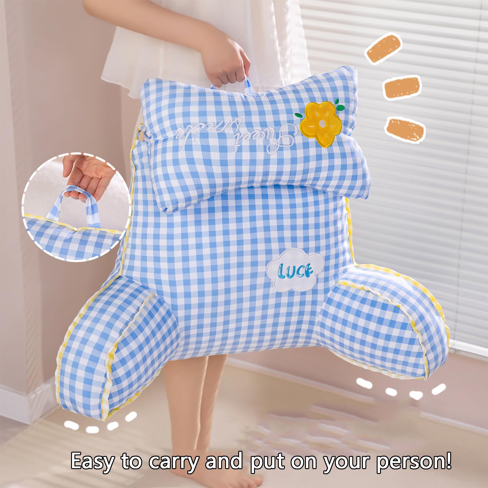 Almohada de Lectura para Sentarse en la Cama, sofá, Respaldo con Soporte para Brazos y Bolsillos Laterales para Adultos y Adolescentes, Descansar, Leer Ver televisión,Blue-65 * 55cm