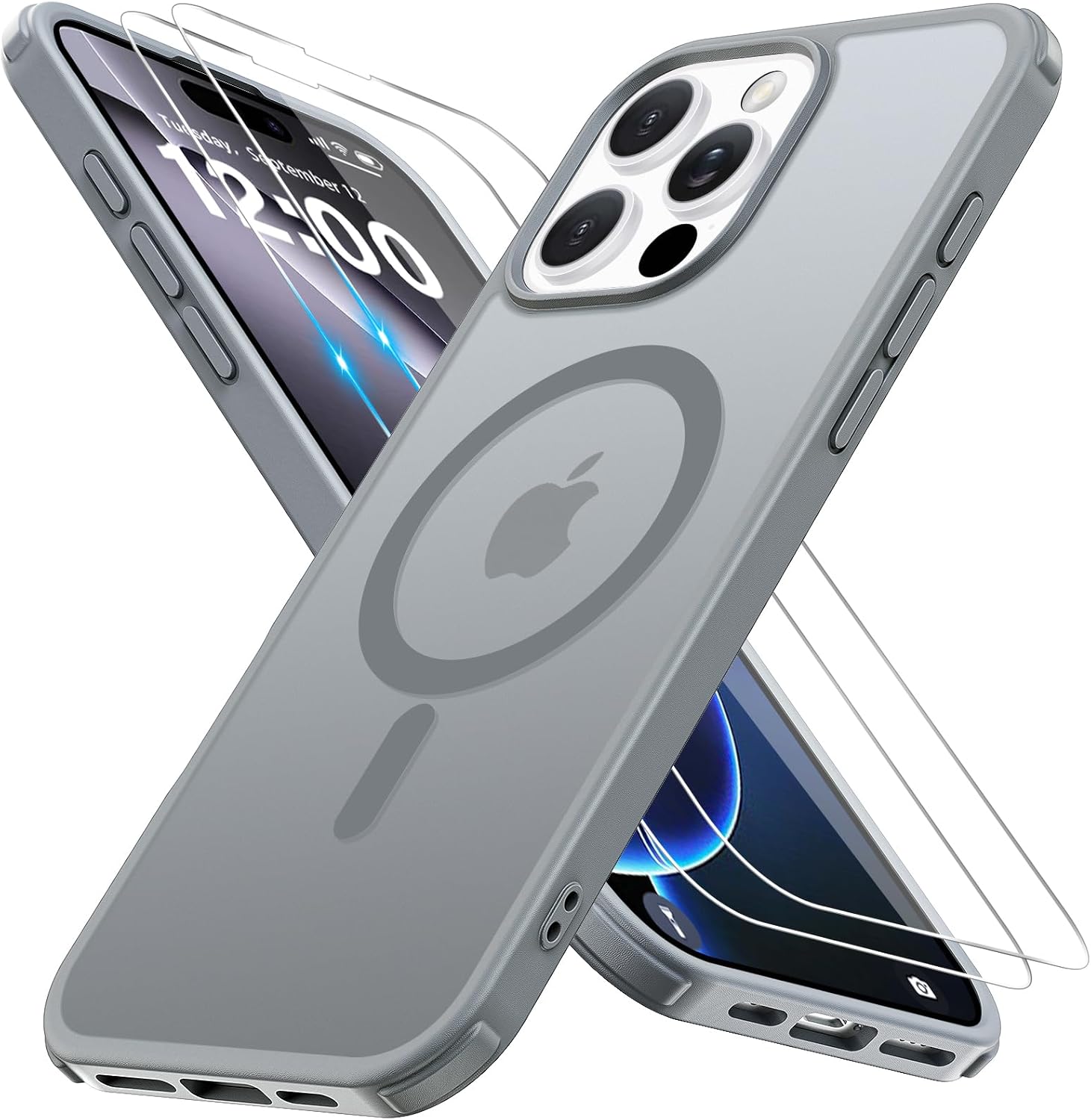 Magnetic for iPhone 16 Pro Max Case, Compatible with MagSafe with 2X Screen Protectors, Military-Grade Slim Shockproof Phone Case Translucent Matte Anti-Fingerprint Anti-Scratch,6.9-Inch,Grey
