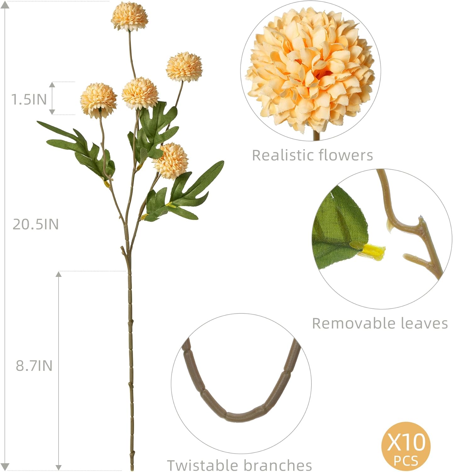 Fake Flowers 20.5In Artificial Chrysanthemum Faux Mums Faux Flowers for Vase Fall Long Stems Flower Silk Flower for Indoor Home Decoration Kitchen Office Wedding Decor 10PCS,Orange（No Vase） - Image 3