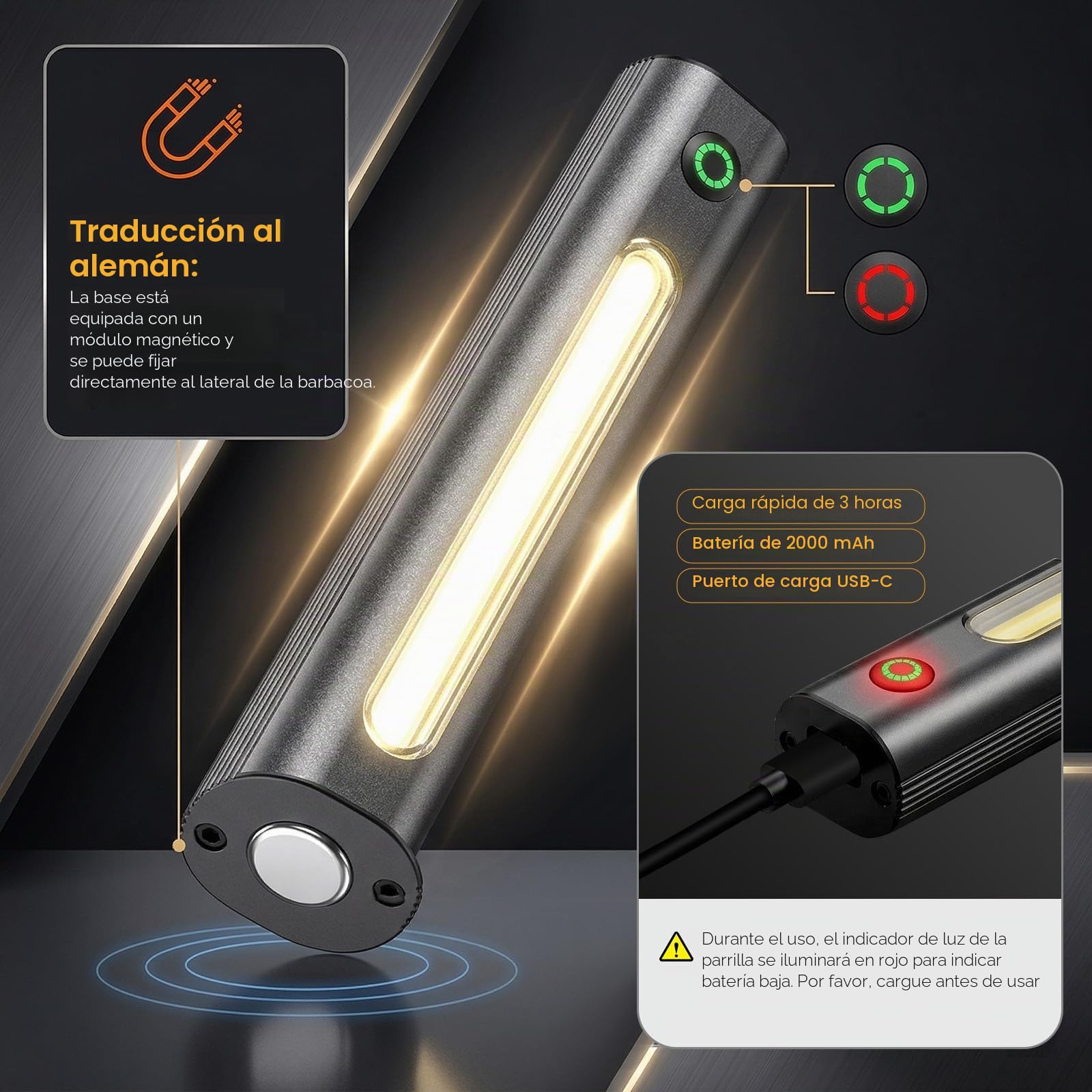 MQFORU Luz de parrilla LED 300 lúmenes, recargable por USB-C 2000mAh, lámpara de parrilla giratoria 360° con soporte, lámpara de parrilla magnética, iluminación de parrilla de acero inoxidable para