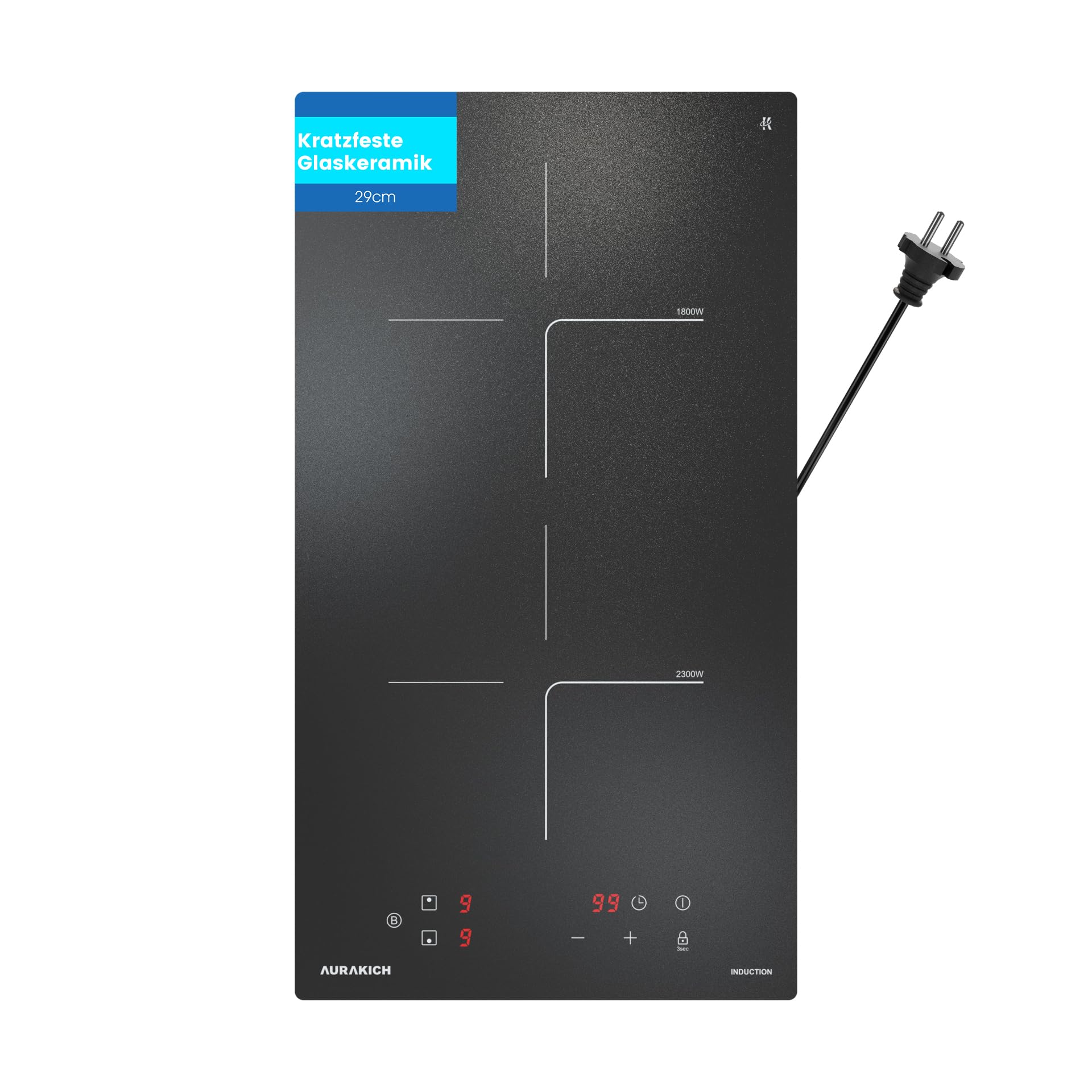 Induktionskochfeld 2 Platten Einbau mit Kratzfeste Glaskeramik | Induktionskochplatte mit VDE-Stecker & Ceranfeldschaber, 3800W Boost, Touch-Control, 2 Jahre Garantie, 9 Leistungsstufen