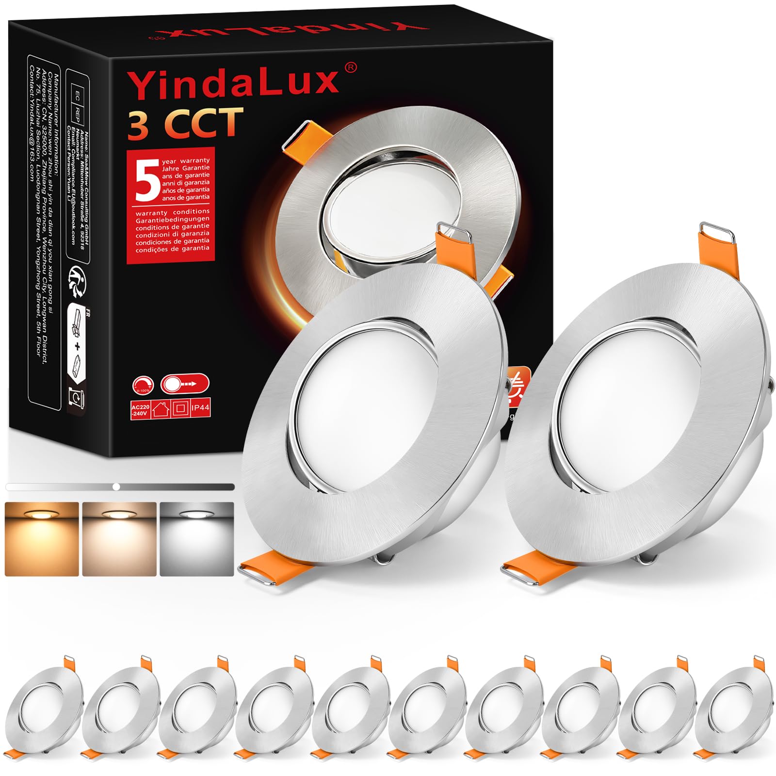 YindaLux Foco LED empotrable 230V Regulable IP44 5W Ultrafino, Corte 68-80 mm, 3000K/4000K/6000K, Orientable 45°, Focos de techo para Baño Cocina Níquel, Pack de 12