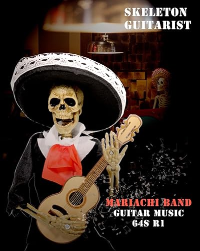 Miniatura 2 de FuinMer Decoraciones de Halloween, banda de mariachi animada, guitarrista de esqueleto en lápida con música, decoración de Halloween para casa