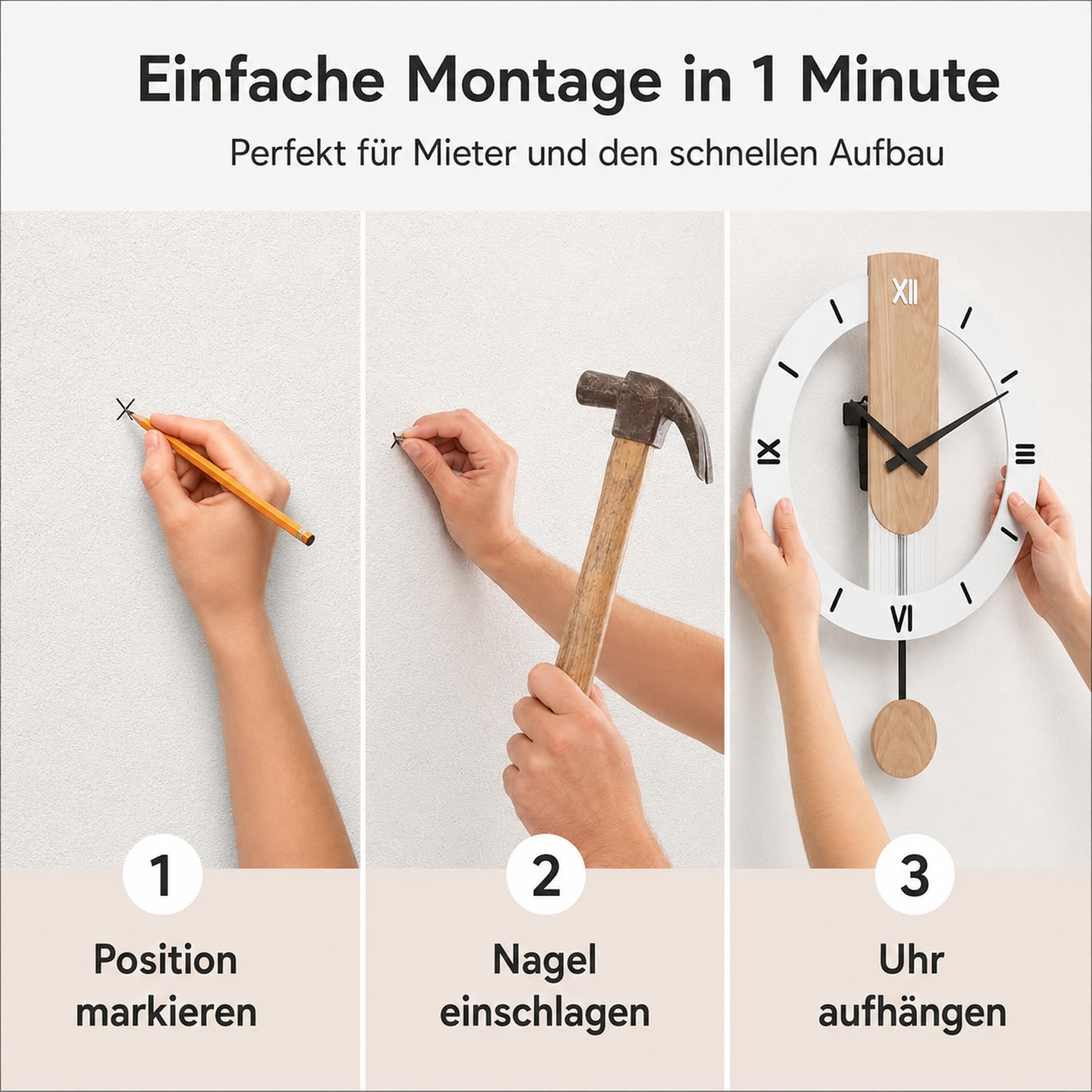 LANMOU Wanduhr Holz mit Pendel, Pendeluhr Moderne Leise Ohne Tickgeräusche | Metallrahmen, weißes Display, Quarzwerk und Innenbereich-Einsatz für Wohn-, Schlaf-, Ess- und Arbeitszimmer