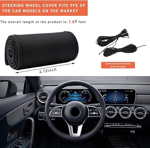 Miniatura 2 de Funda para volante de automóvil, protector antideslizante para volante de 15 pulgadas de diámetro, costura DIY con hilo de aguja, accesorios