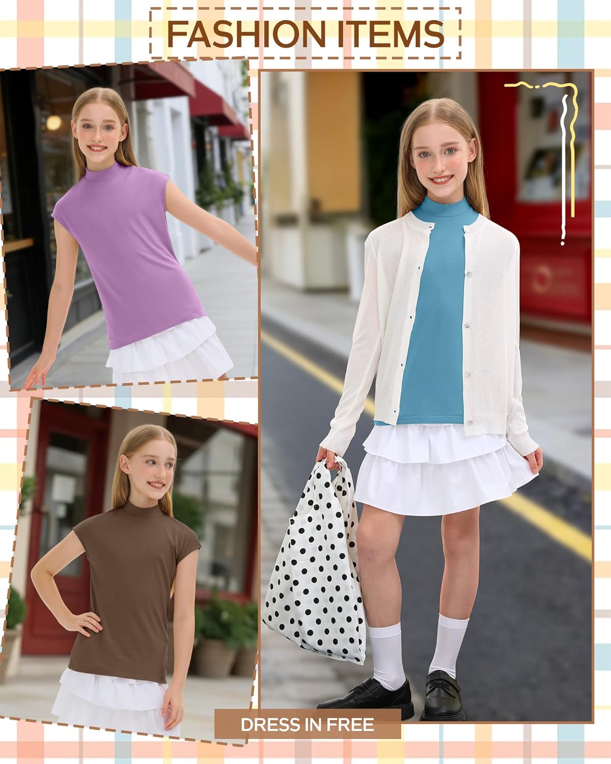 3 Pack Girl's Mock Turtleneck Shirts Kids Cap Sleeve Pullover Tops Loose Fit Summer Casual Basic Tees 5-14 Years - Image 6
