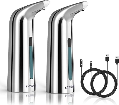 Convenient Automatic Soap Dispenser,4 Adjustable Levels Touchless Hand Sanitizer Pump with Infrared Sensor, 400 ml Countertop Electric Soap Dispenser for Bathroom,Kitchen Silver+Silver
