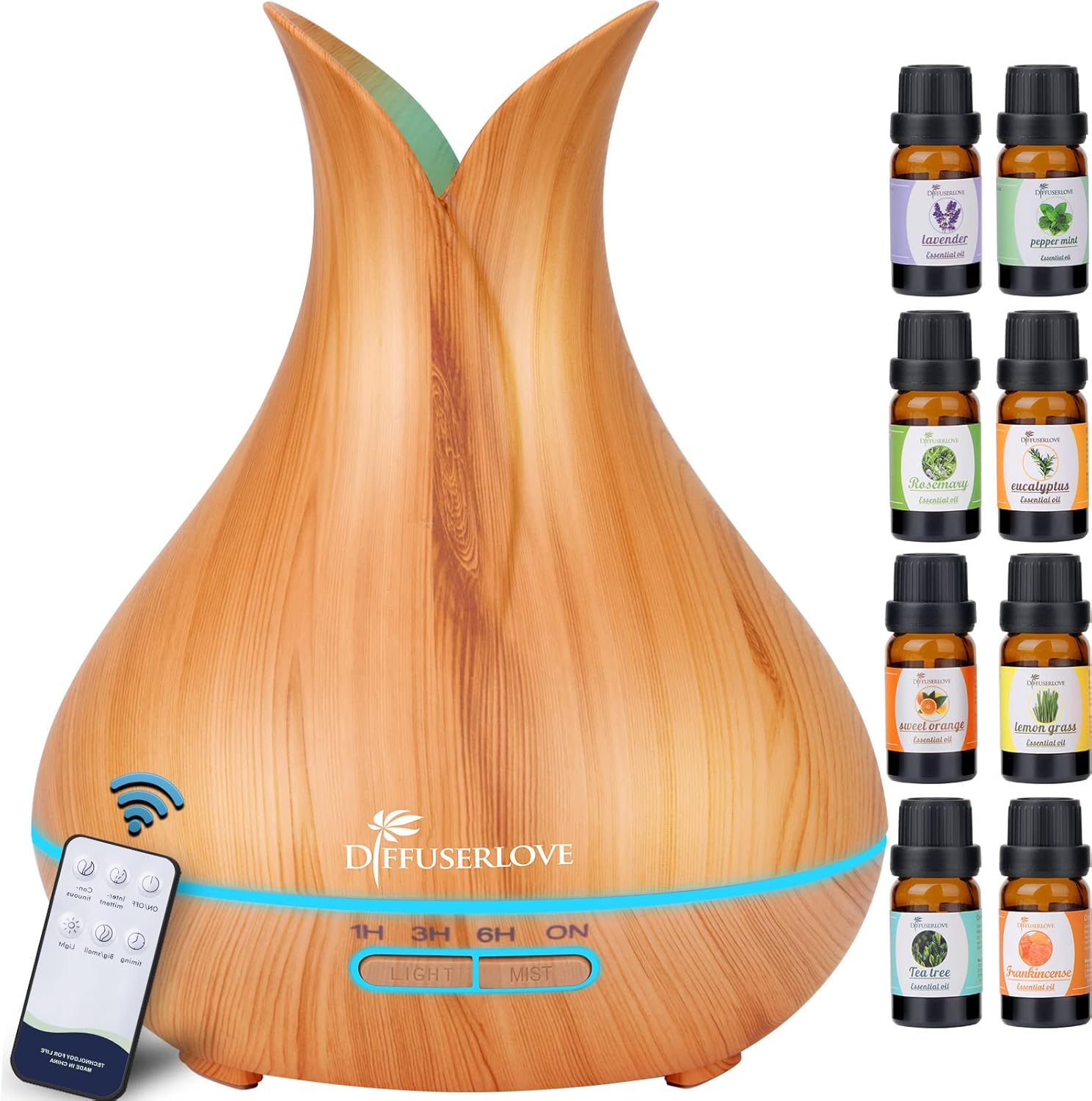 Diffuserlove Humidificador Difusor de Aceites Esenciales Control Remoto Difusor de Aromas Ultrasónico Aceites Esenciales Humificador de Niebla Silenciosa Whisper con Lámparas de 7 Colores