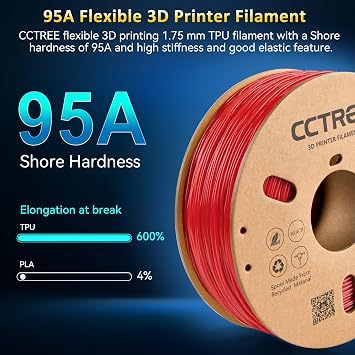 CCTREE TPU Red Filament 1.75mm High Speed 95A TPU Flexible 3D Printing Filament 1kg Spool(2.2lbs) Dimensional Accuracy +/- 0.03mm for Bambu lab 3D Printer