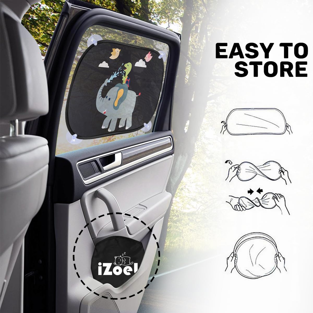 iZoeL Parasole Auto per Bambini, 2 Pezzi Parabrezza Finestrino Laterale, Motivo Tartaruga Elefante Uccello, Autoadesivo, 8 Ventose, Custodia, 51 x 31 cm, Universale Protezione Solare E UV