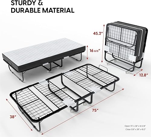 Miniatura 8 de EconoHome Cama plegable con colchón, marco de cama tamaño cuna de 75 x 31 pulgadas, cama plegable portátil para adultos para invitados, colchón de