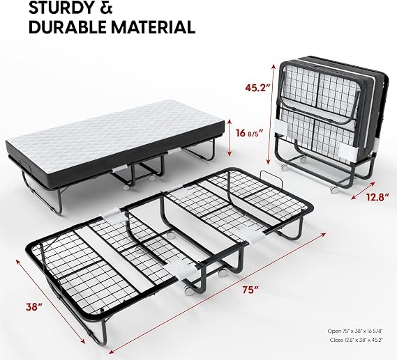 EconoHome Folding Bed with Mattress - 75x38 Twin Size Frame - Portable Rollaway Guest Bed with 5-inch Memory Foam Mattress - Space-Saving Foldable Design for Easy Storage
