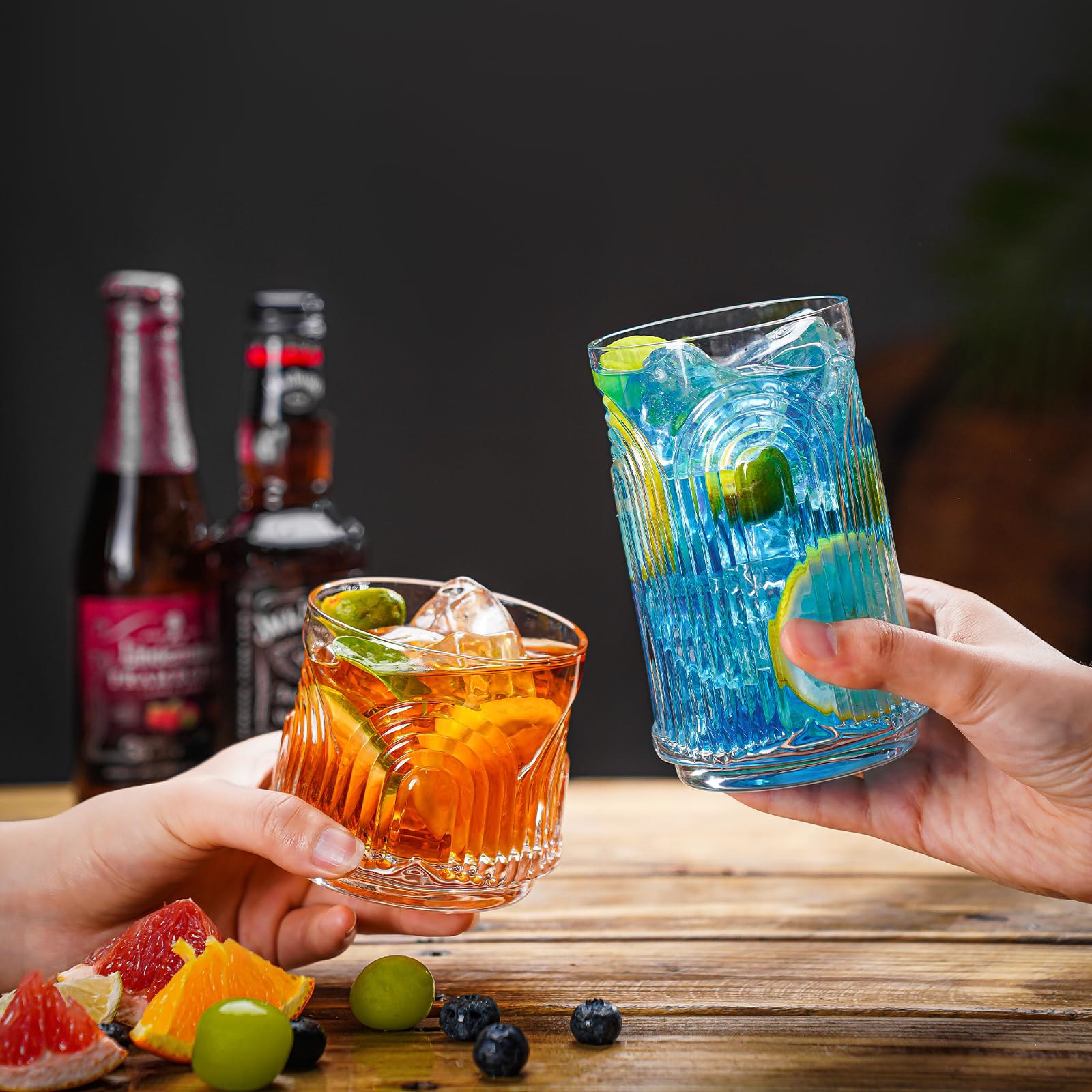 Vintage Trinkgläser, Set mit 4 handgefertigten Glasbechern, 2 Highball-Gläsern, 480 ml & 2 Rocks-Gläser, 284 ml, Mojito-Becher, Cocktailglas, Bar-Glaswaren-Set für Cocktail, Bier, Whiskey