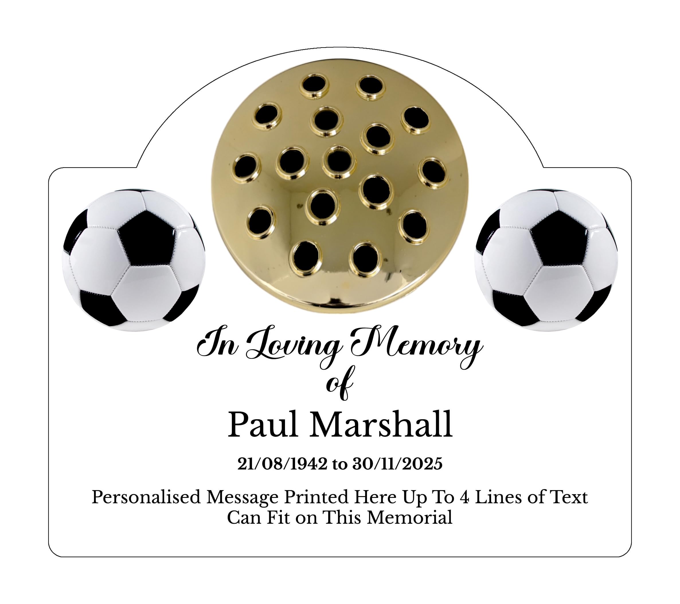 1stclassgifts Personalised Football Design Metal Grave Stone Marker Headstone Memorial Plaque In Memory Sign Remembrance Flower Pot Vase (UV PRINTED) (White, Gold Lid)