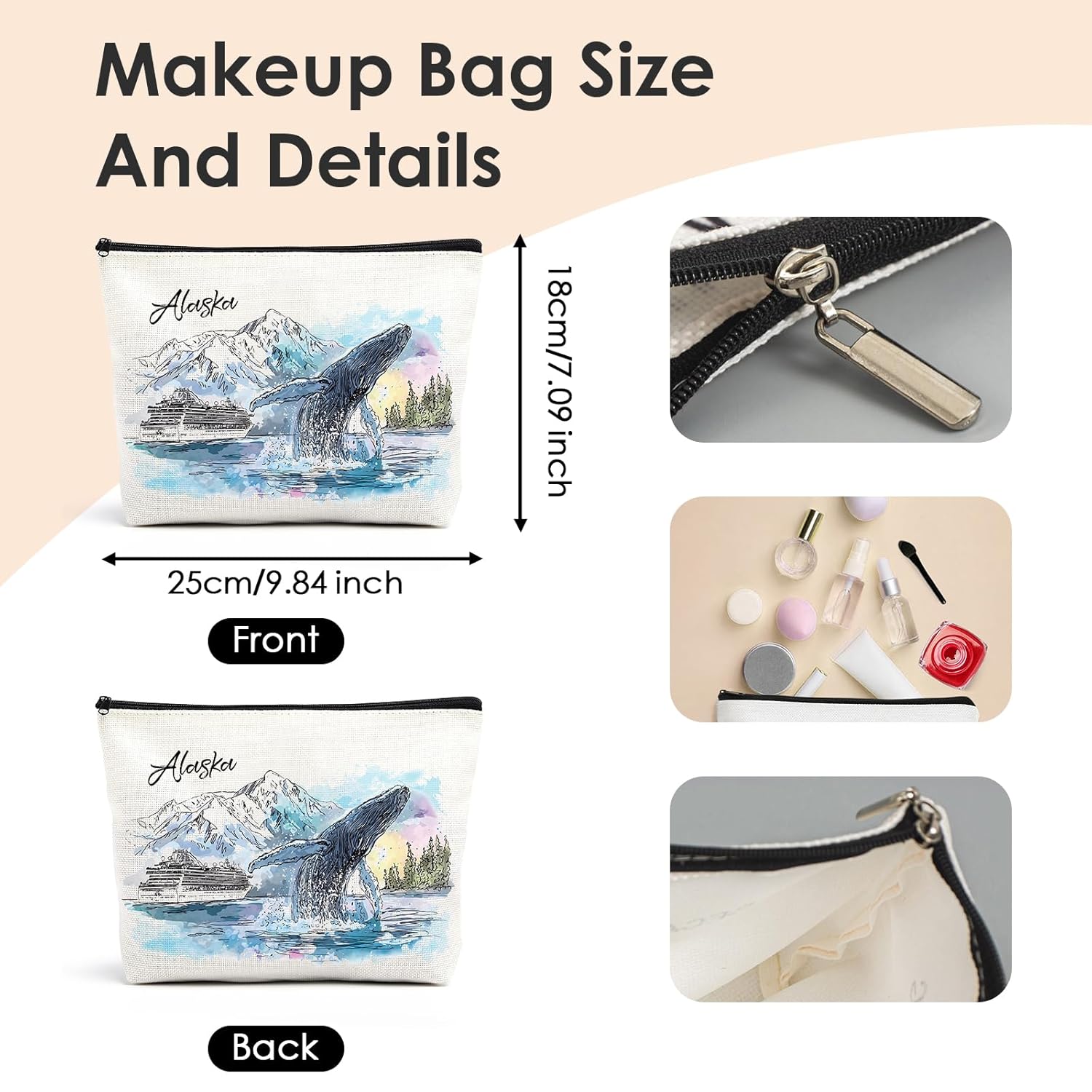Alaska Souvenirs Makeup Bag - Alaskan Cruise Essentials for Women Portable Toiletry Pouch Trip Must Haves Watercolor Travel Cosmetic Bags Birthday Christmas Gifts for Girls Mom Friend - Image 3