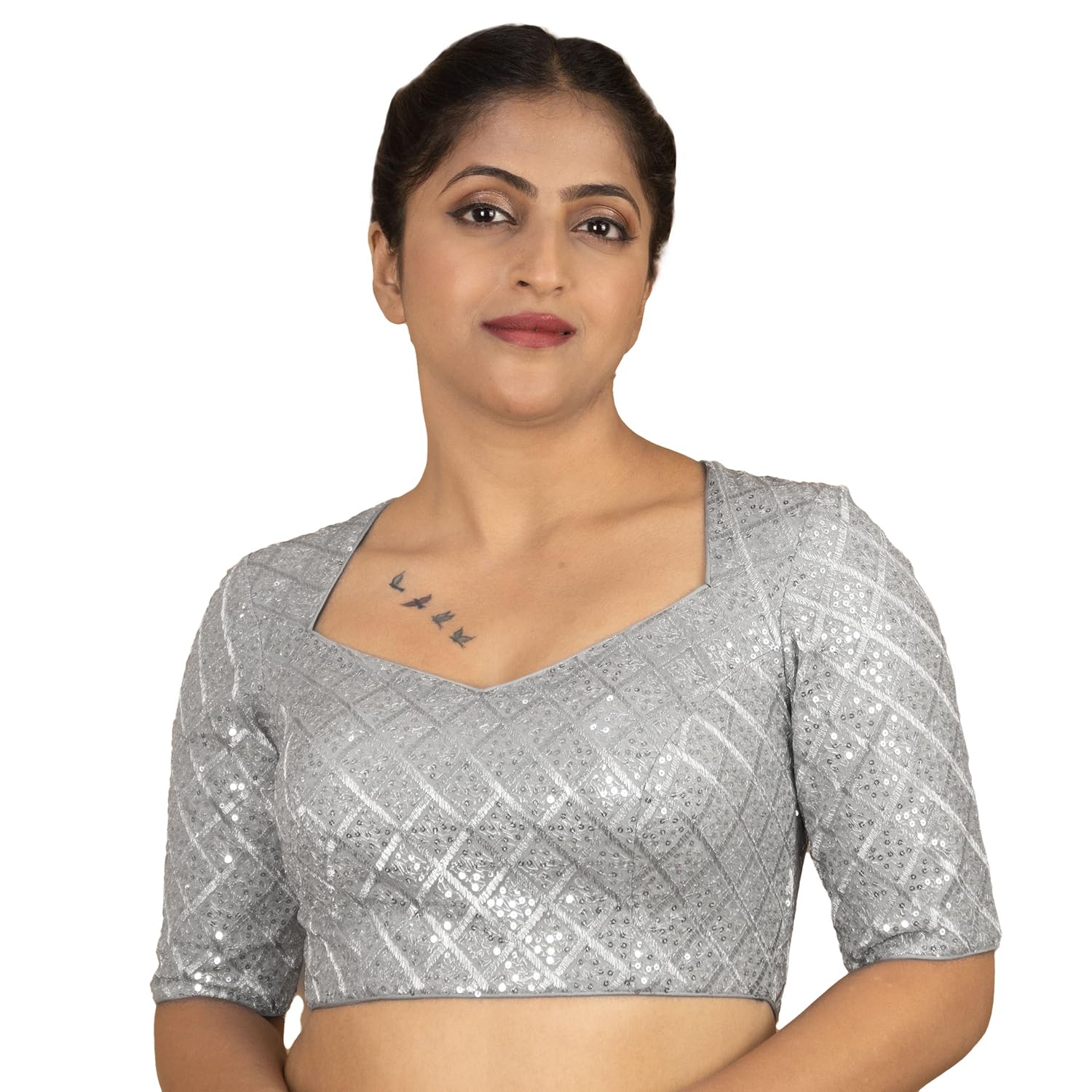 figure's designer Women's Sequin Embroidered Square V Neck Elbow Half Sleeve Readymade Saree Blouse Indian Ethnic Designer Stitched Padded Handmade Net Top Gold Silver Black Wine Rani Pink Purple | E12-picture-40