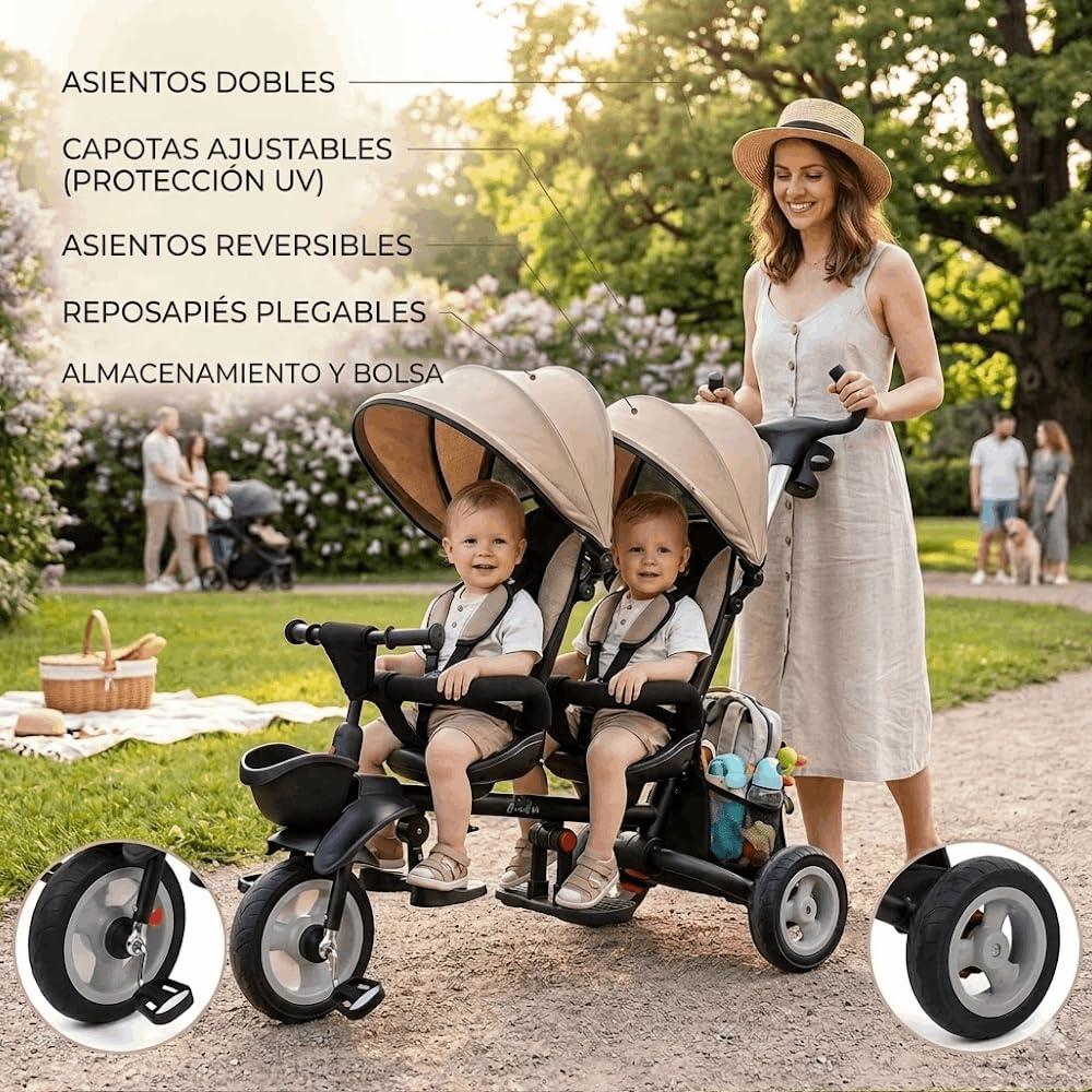 QPlay Triciclo Evolutivo Bebé para Dos | Triciclo para Gemelos o Mellizos, para Bebes Desde 10 Meses hasta los 36 Meses, Paseos en Familia
