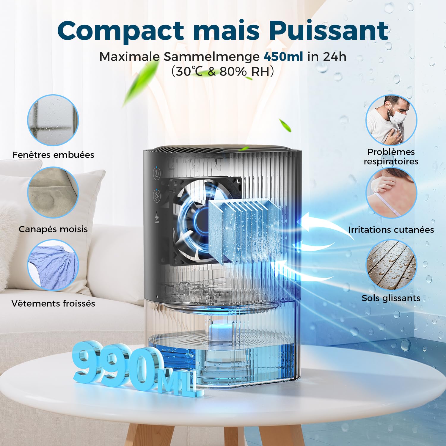 AROEVE Deshumidificateur d Air 990ml, Petit Déshumidificateur Électrique Compact et Silencieux pour Chambre à Coucher Avec 7 Couleurs de Lumière, Arrêt Automatique, Protection Contre le Dégivrage