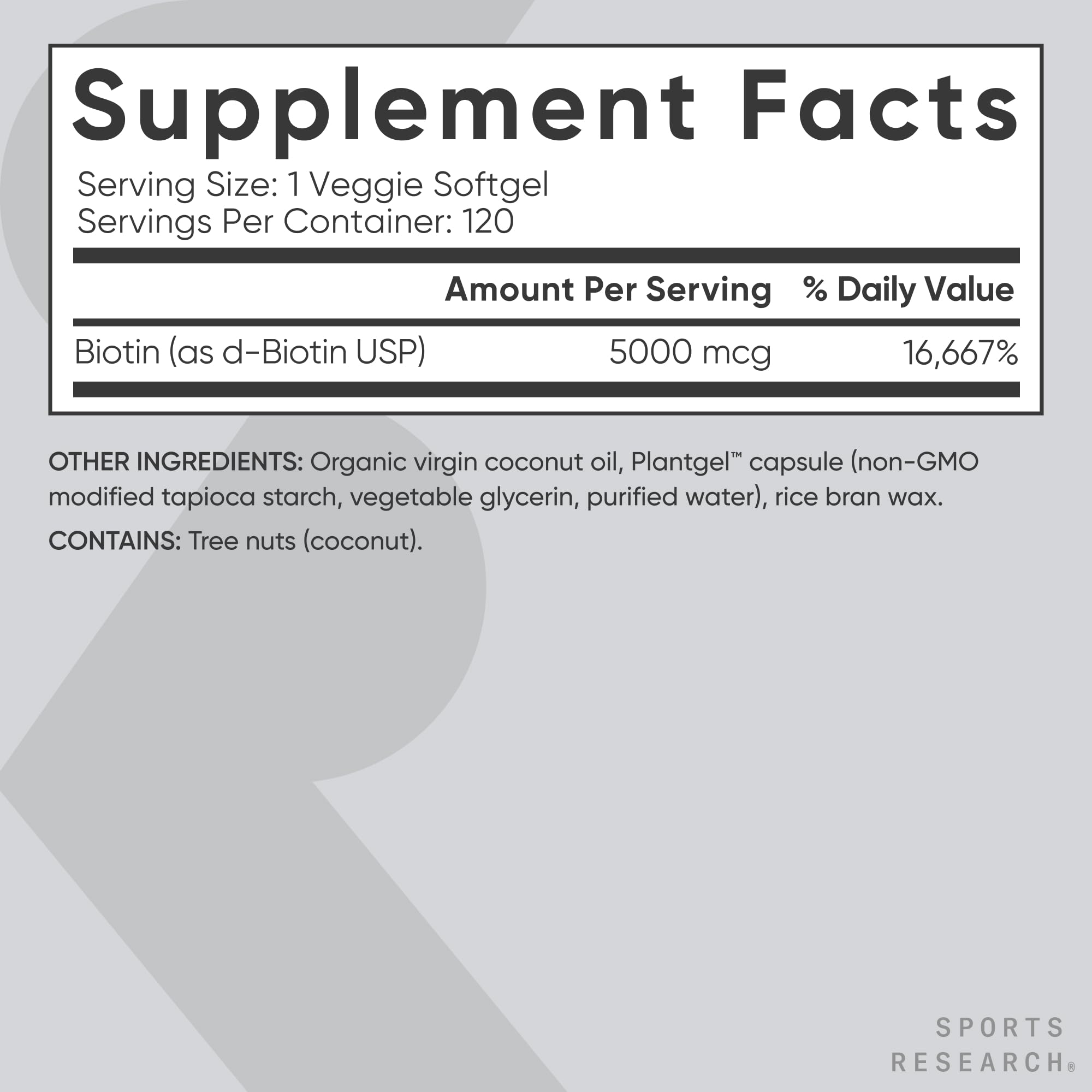 Sports Research® Biotin 5,000mcg w/Coconut Oil, 120 Count Plantgels™ — Amazon image 5
