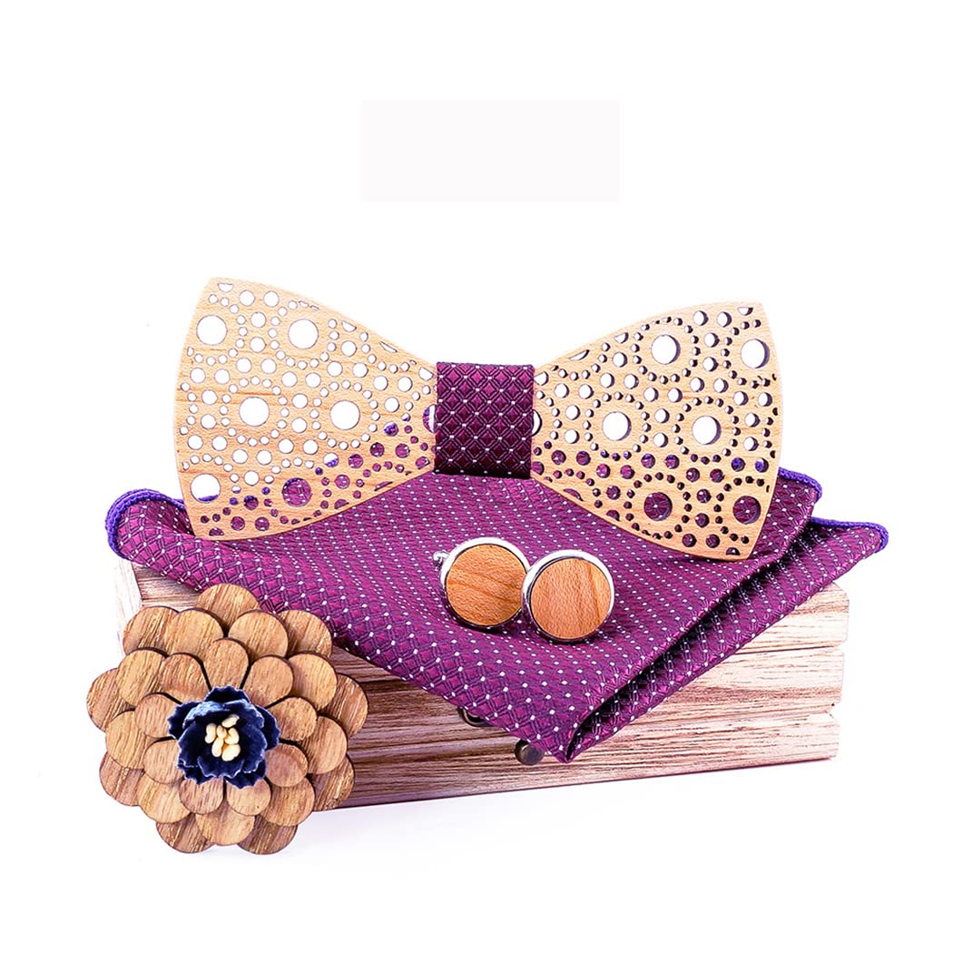 Papillon in legno, set di 4 pezzi, papillon in legno, gemelli + spilla + quadrato da tasca, accessorio alla moda