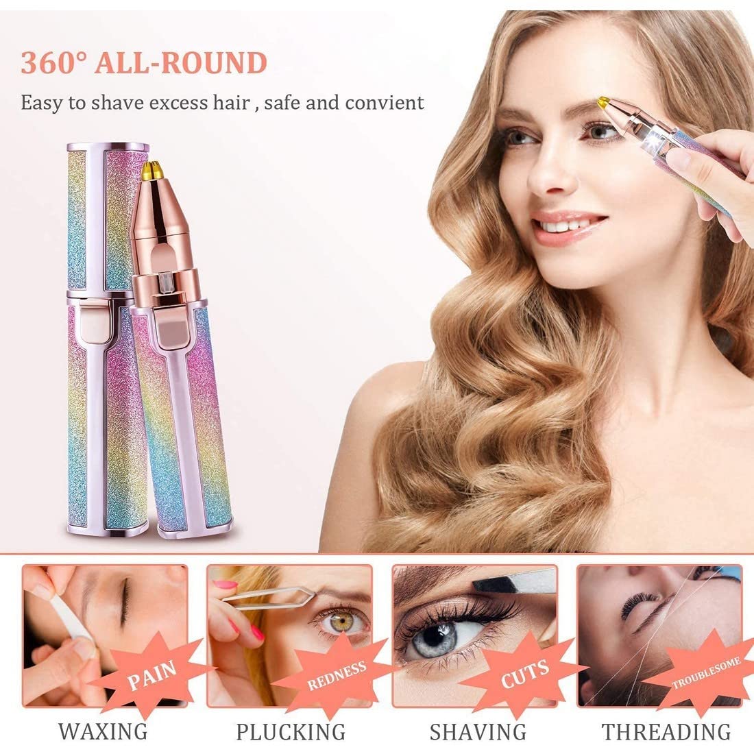 UGU ZONE 2 in 1 Portable eyebrow trimmer for women Painless Electric Rechargeble Eyebrow Trimmer for Women and Facial Hair Removal Machine with Light (USB-Rainbow) 1