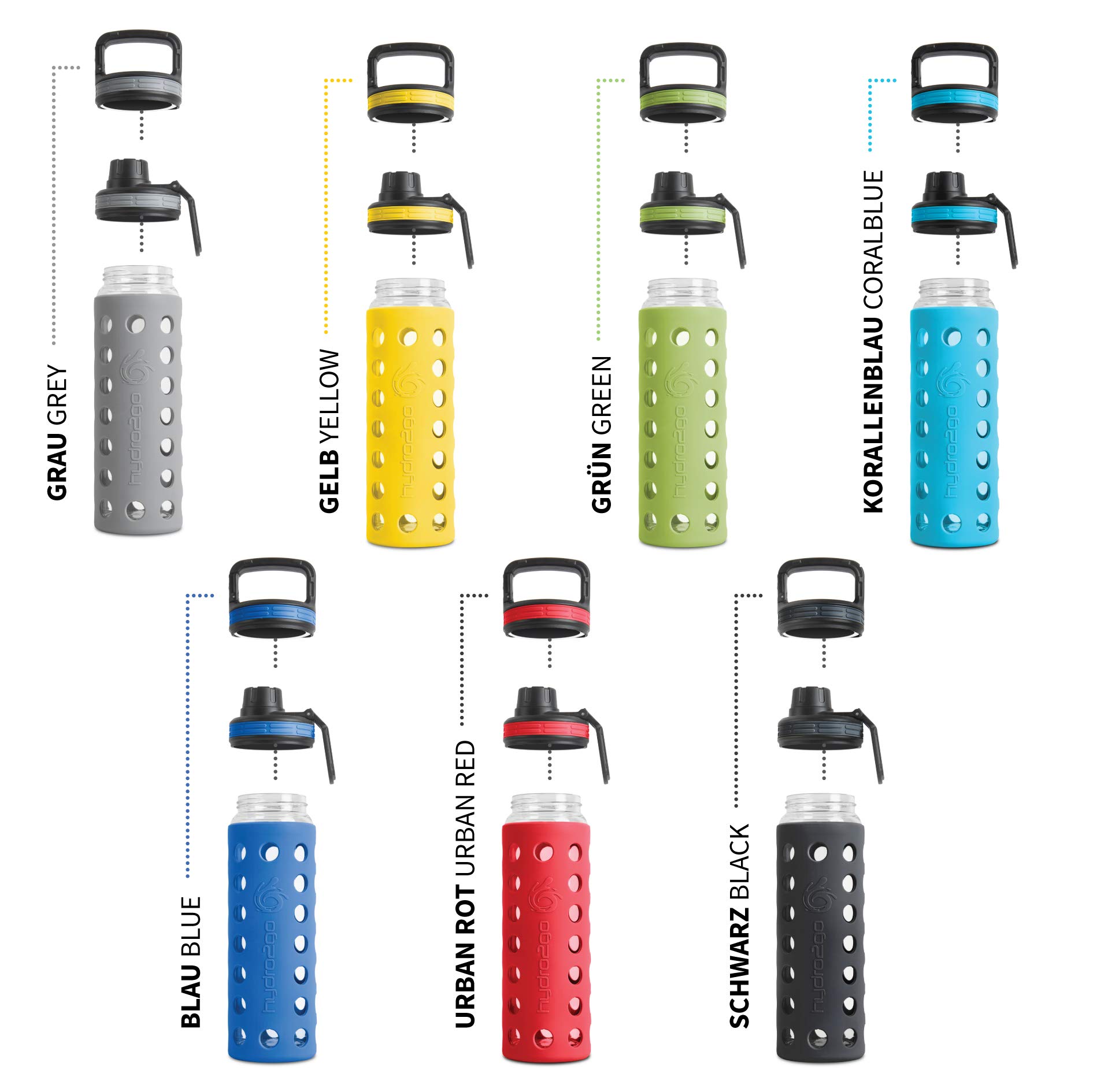 hydro2go Glas-Trinkflasche 550 ml mit Silikonhülle und 2 Deckeln, BPA-frei