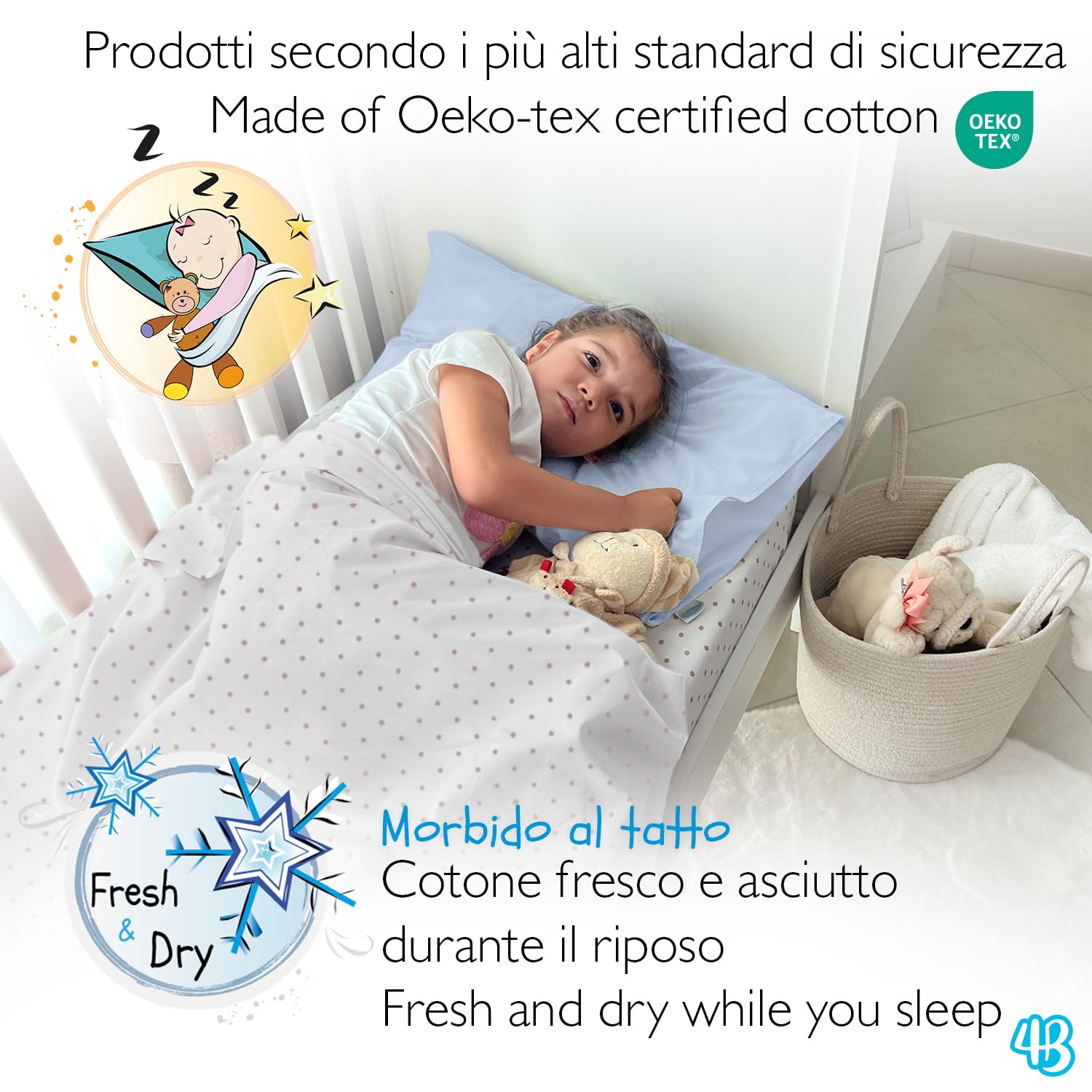 Federe Cuscino 40x60 Bambino Set 2 Puro Cotone Made in Italy OEKO-TEX Biancheria da letto Azzurro