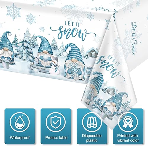 Miniatura 3 de 3 manteles de gnomo de invierno de Navidad, desechables de plástico, diseño de copo de nieve, árbol de Navidad, color azul hielo, para decoración y