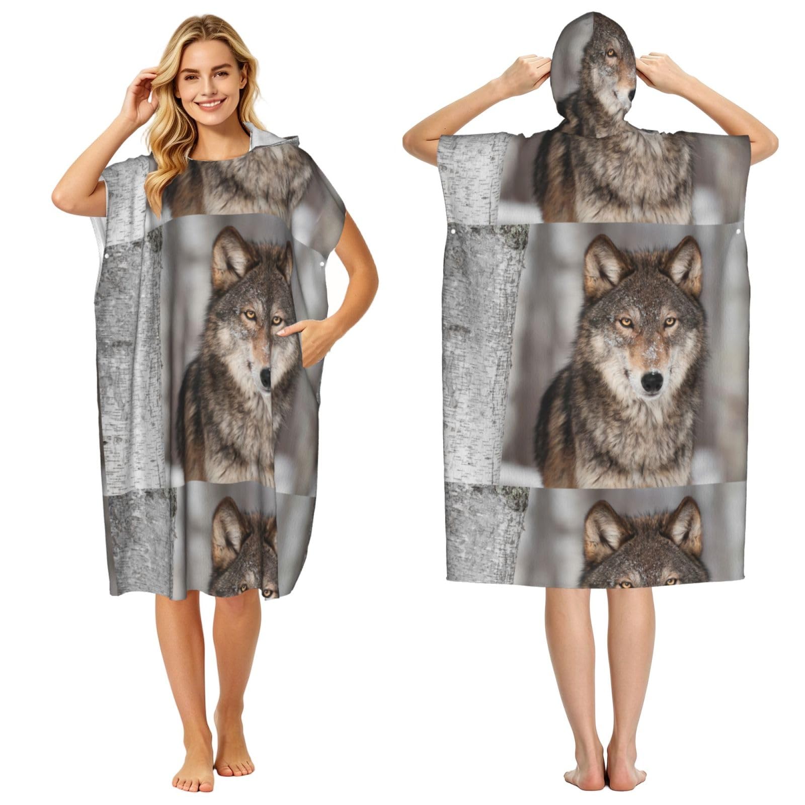 Poadnly Wild Wolf Print, Adult Hooded Beach Towel 90 x 110 cm,Changing Bath Robe, Surf Poncho Towel For Women Men