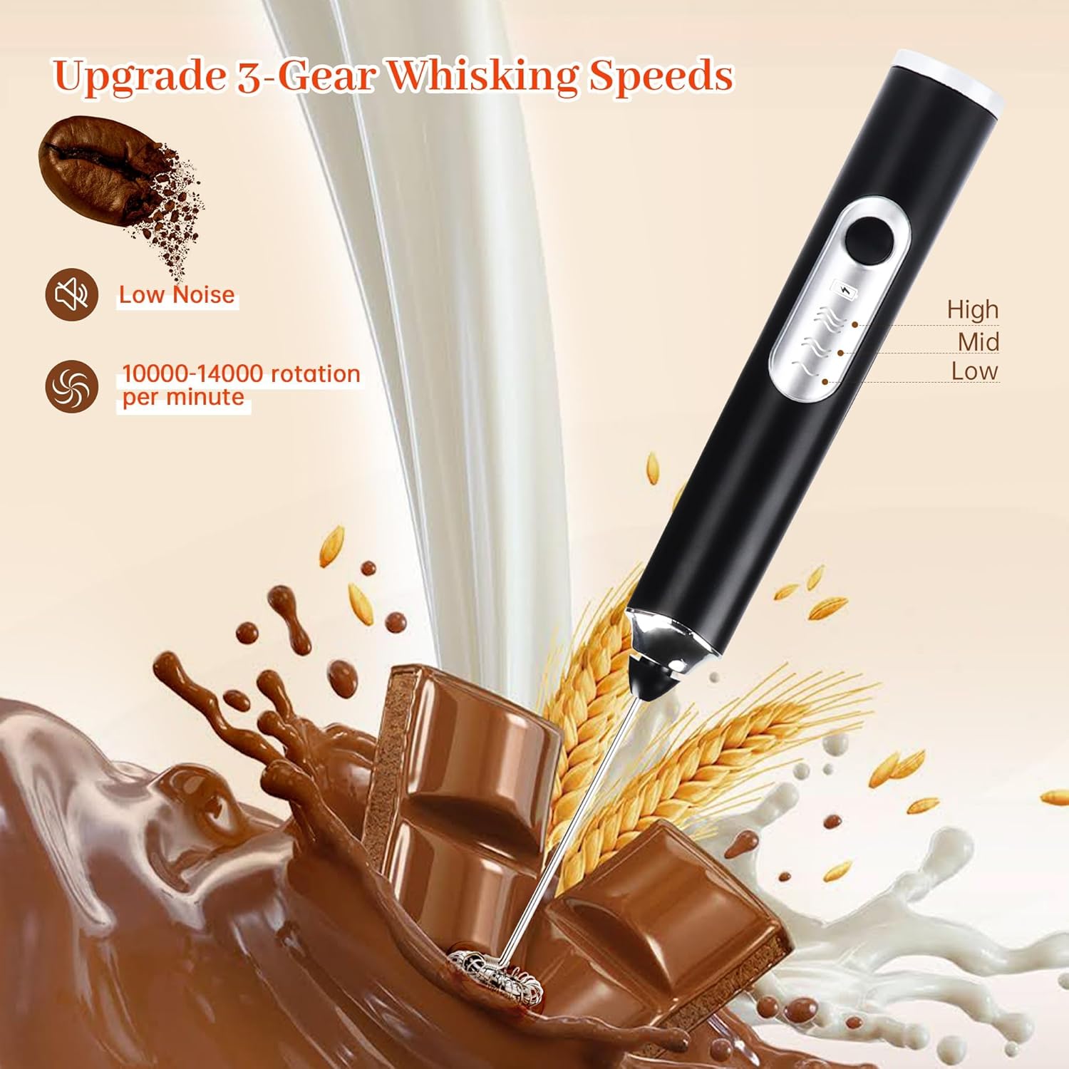 Rechargeable milk frother, removable stainless steel handheld coffee milk frother, equipped with 3 heads and 3-speed settings, direct from the manufacturer for wholesale (100)