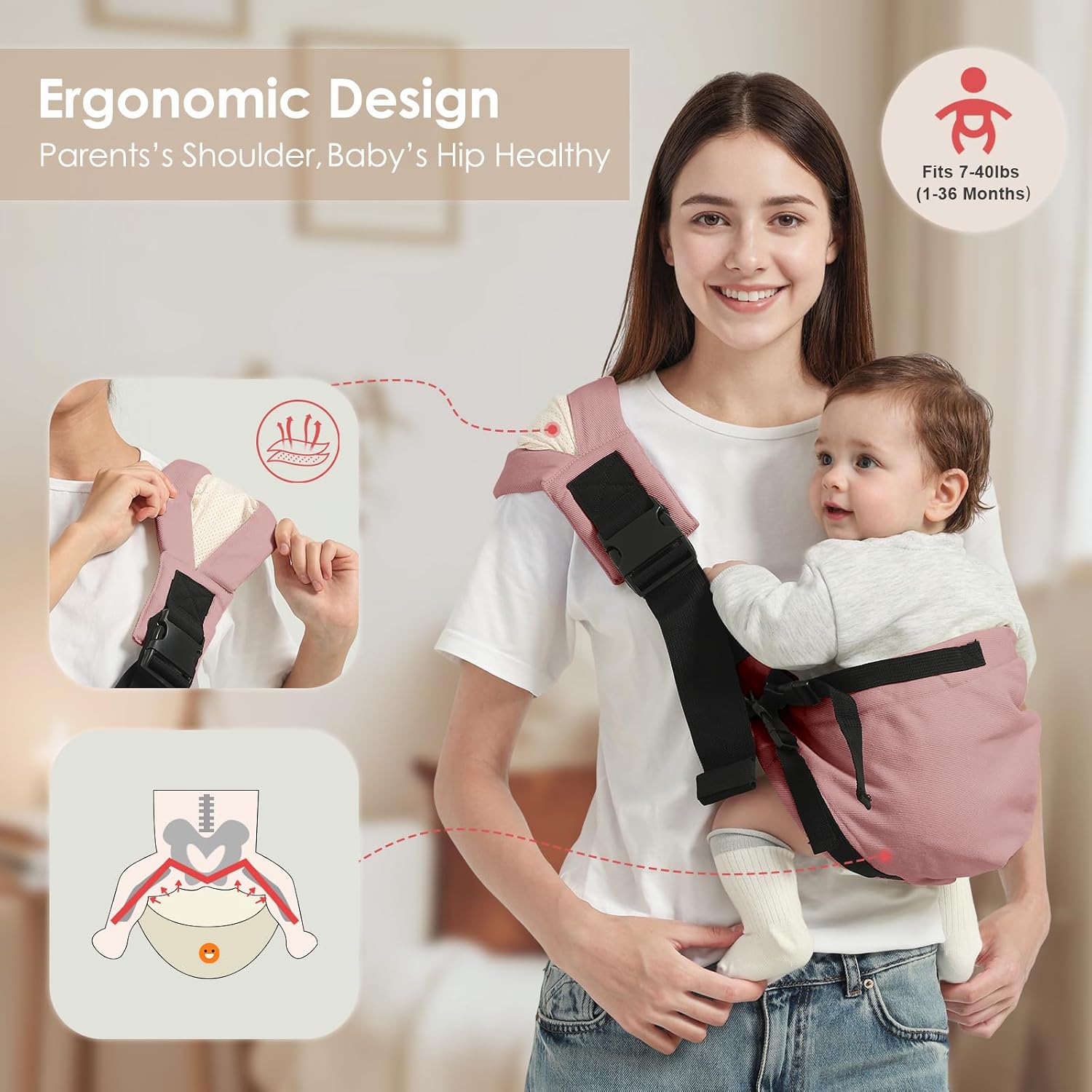 Baby Sling Carrier Newborn to Toddler, Adjustable Toddler Carrier Sling Baby Carrier Toddlers Sling Carriers Hip Carriers for 7-40lbs, Pink