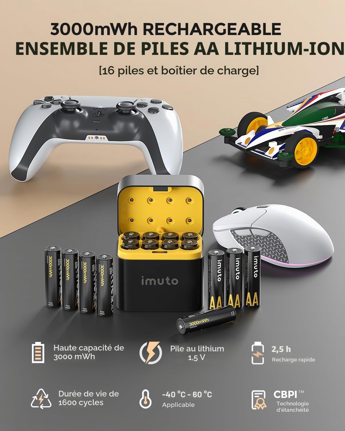 imuto Lot de 16 piles AA rechargeables 1,5 V 3000 mWh, piles rechargeables AA au lithium 1600 cycles avec écran LED noir, charge rapide