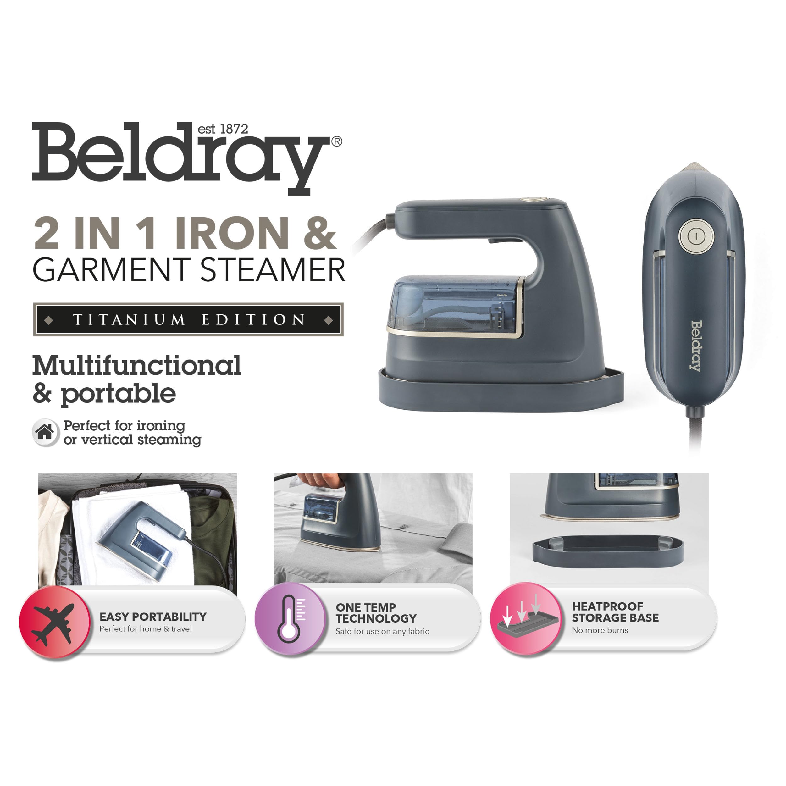 Beldray 2 in 1 Ferro da stiro e piroscafo per indumenti - Mini ferro da stiro a vapore da viaggio, una temperatura, base di resistente al calore, piastra in ceramica antiaderente,100 ml, 1200W