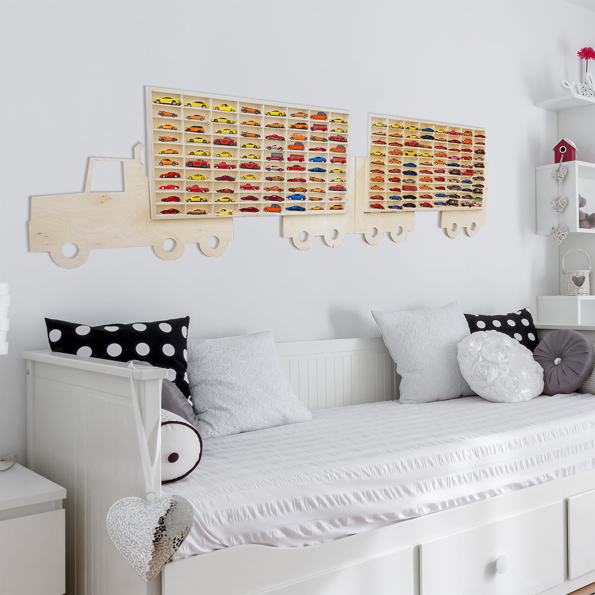 TIR Wandvitrine mit Anhänger für Spring Cars & Spielzeug – Große Sammlerbox mit 160 Fächern – Modellauto-Displayständer aus Holz210 x 55 cm