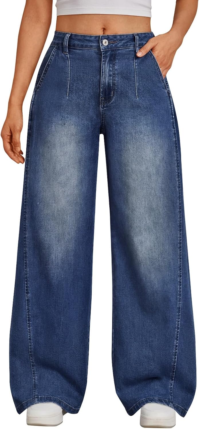 Trendy Queen Women's Wide Leg Jeans with Side Pleats - Baggy Casual Denim Pants in Soft, Drapery Fabric