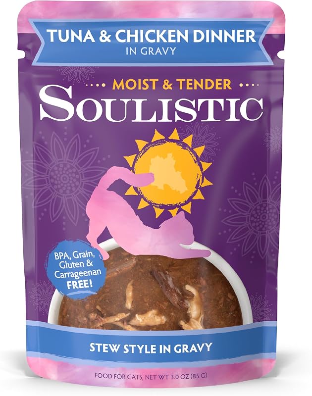 Ração úmida para gatos Soulistic Moist and Tender com atum e frango ao molho, 85 g, pacote com 8 sachês