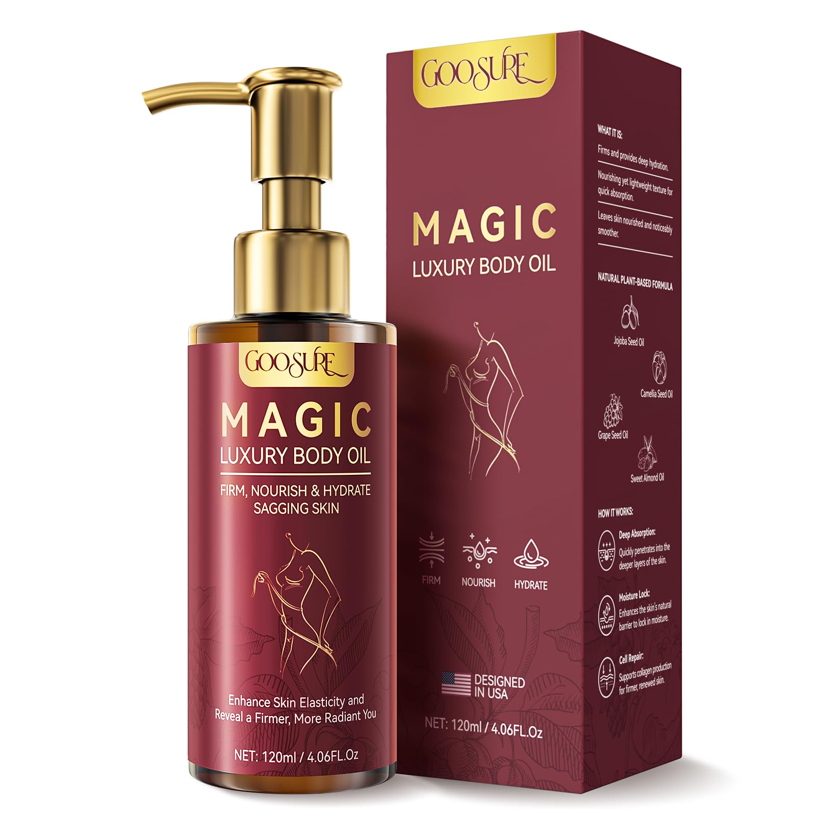 Magic Body Firming Oil, Natural Botanicals Firming Body Massage Oil, Fast Absorbing with Cactus Extract & Camellia, Vitamin E, Moisturizer & Hydrating Body Oil with Abdomen&Legs& Full Body, 4.06 Fl oz